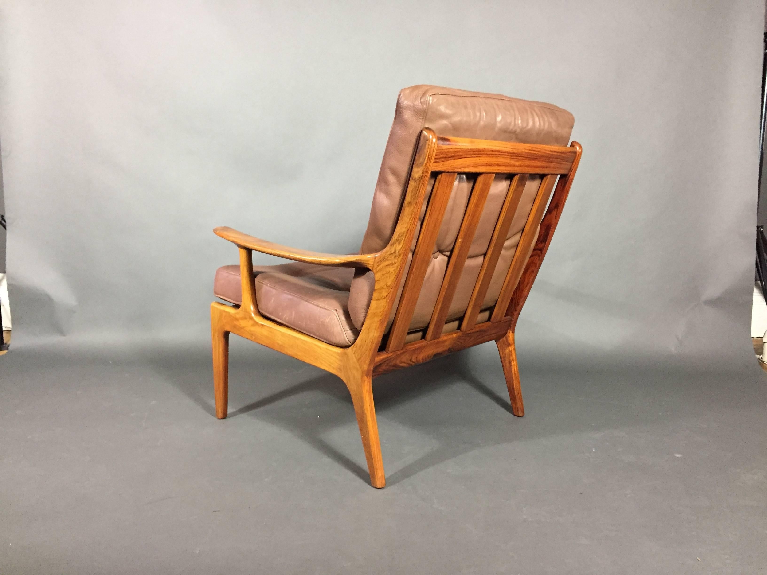 Solid Rosewood and Leather Lounge Chairs, Denmark, circa 1970 In Good Condition In Hudson, NY