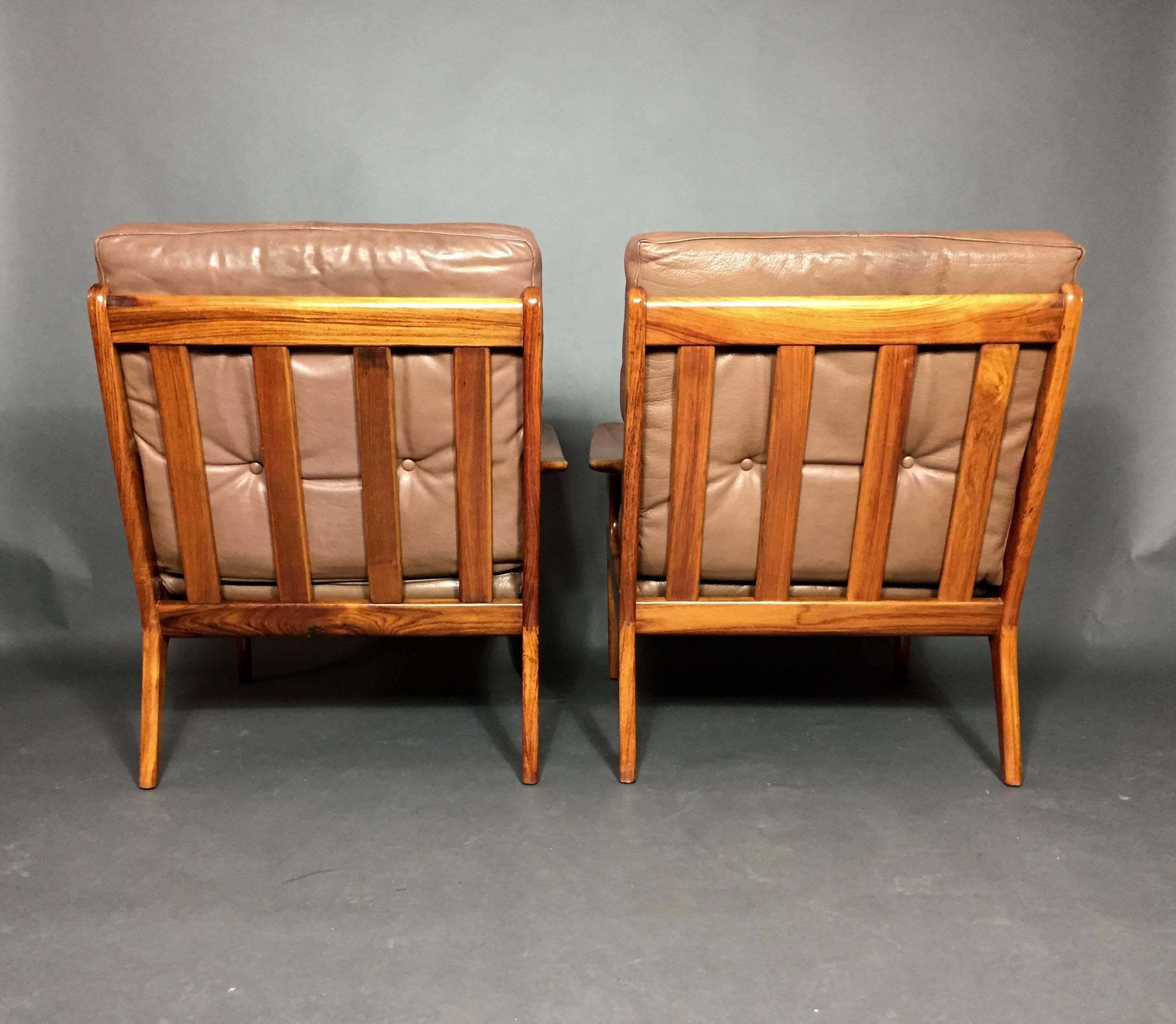Late 20th Century Solid Rosewood and Leather Lounge Chairs, Denmark, circa 1970