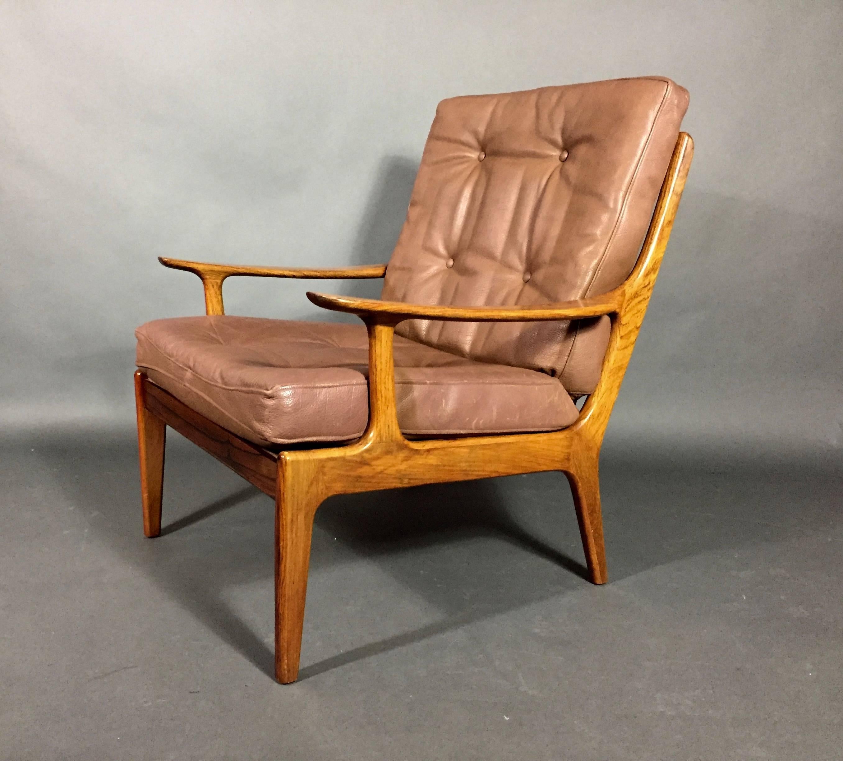 Danish Solid Rosewood and Leather Lounge Chairs, Denmark, circa 1970