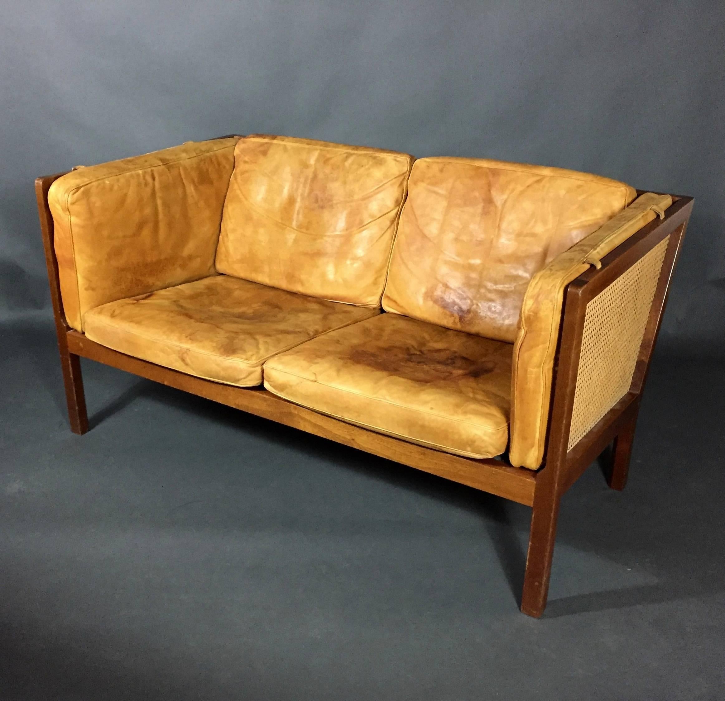 Mid-20th Century Bernt Petersen Two-Seat Leather and Cane Sofa by Wørts, Denmark, 1964