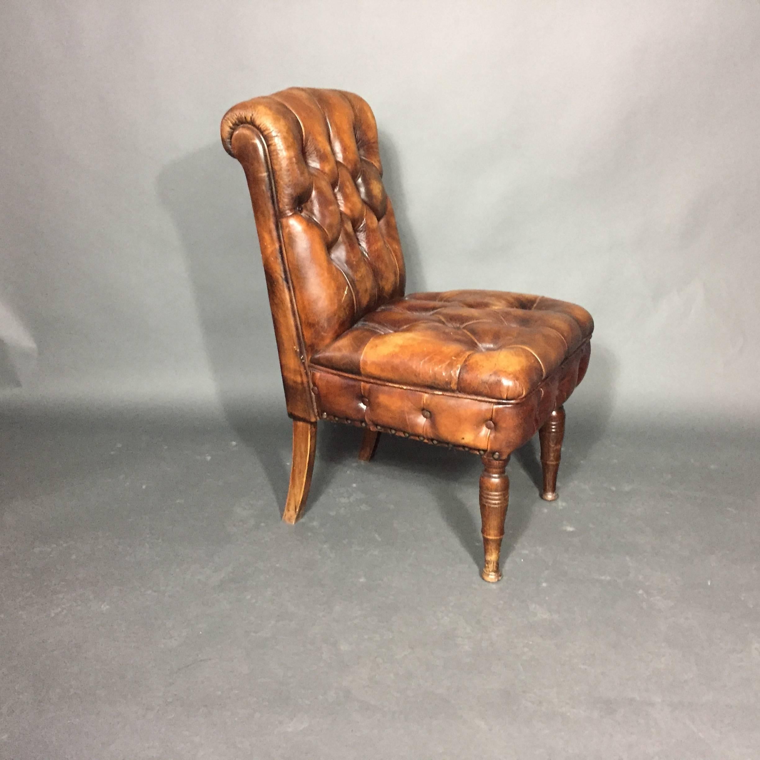English Chesterfield Slipper Chair, 1920s, Updated Leather 1