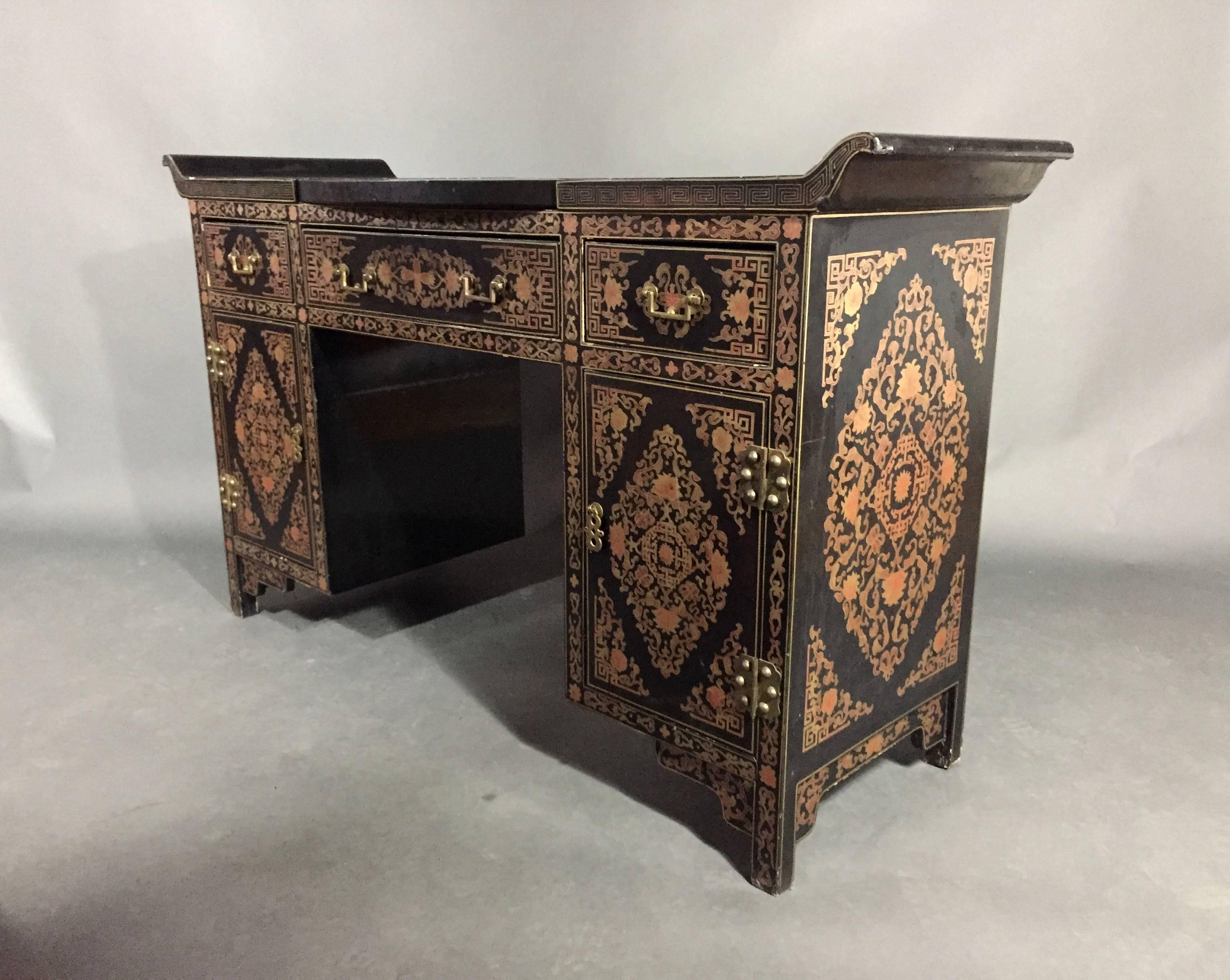An intricately red/gold decorated black lacquer Chinese dressing table with flip-up mirror and matching stool. Would be a gorgeous console table. Excellent condition. Original export sticker on back. Seat is 16