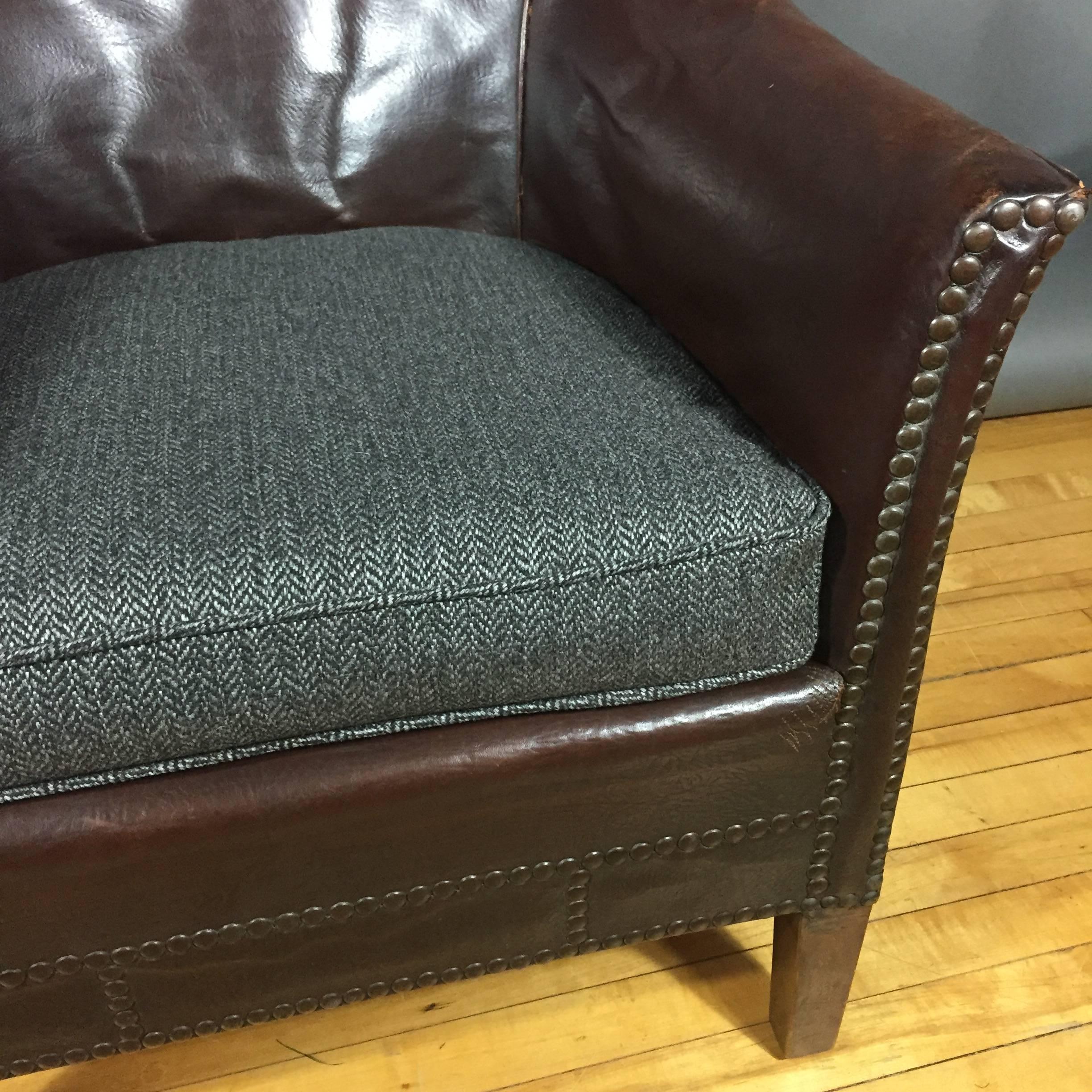 English 1940s Studded Leather Club Chair, Herringbone Cover 3