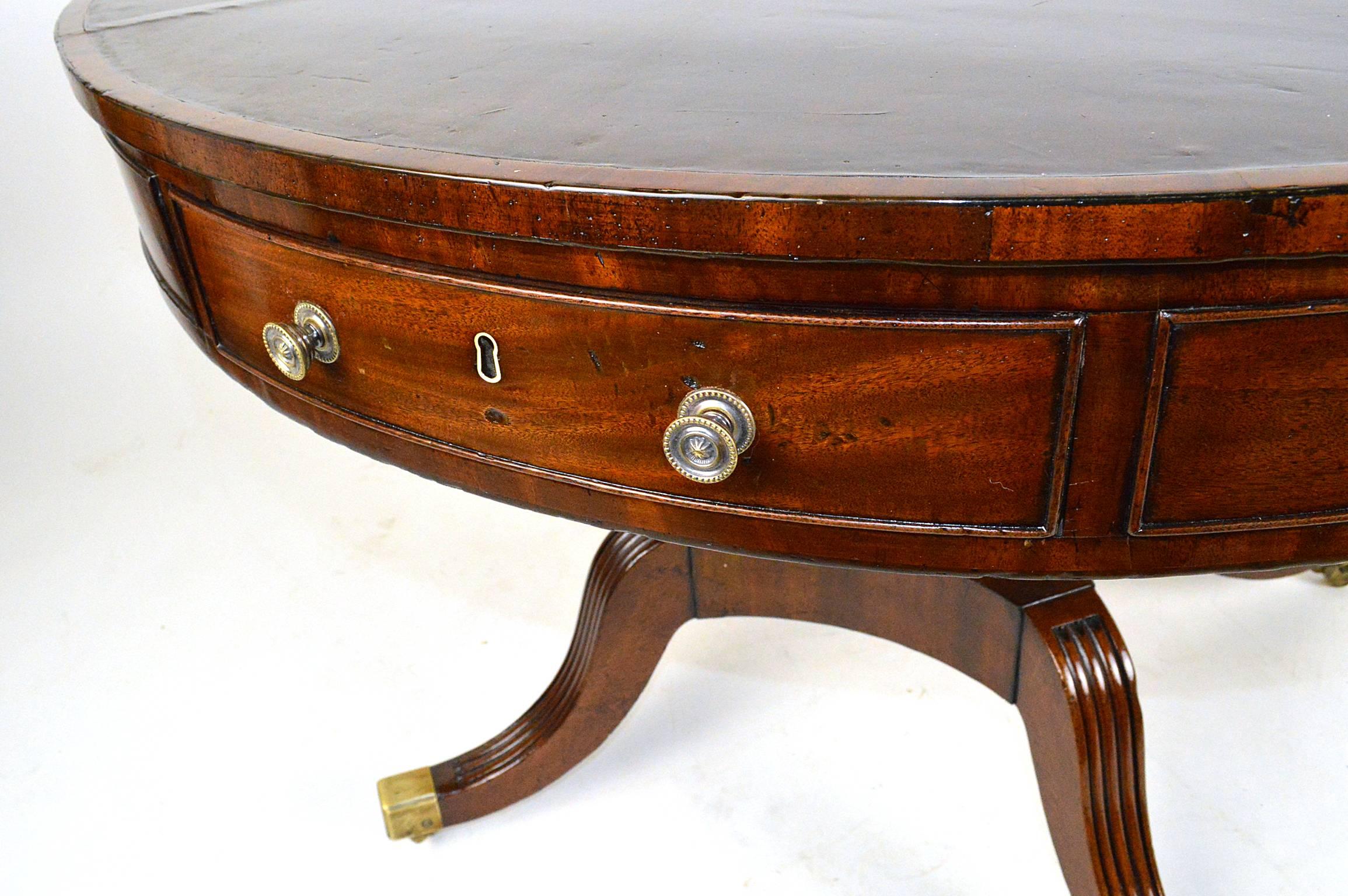English Mahogany Inlaid Leather Top Rent/Drum Table For Sale 1