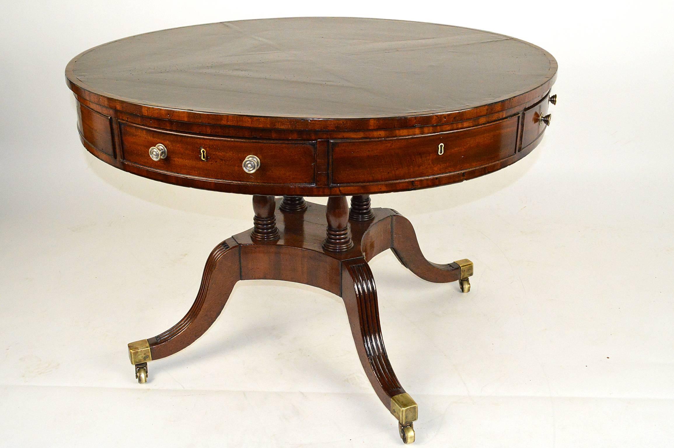 Regency English Mahogany Inlaid Leather Top Rent/Drum Table For Sale