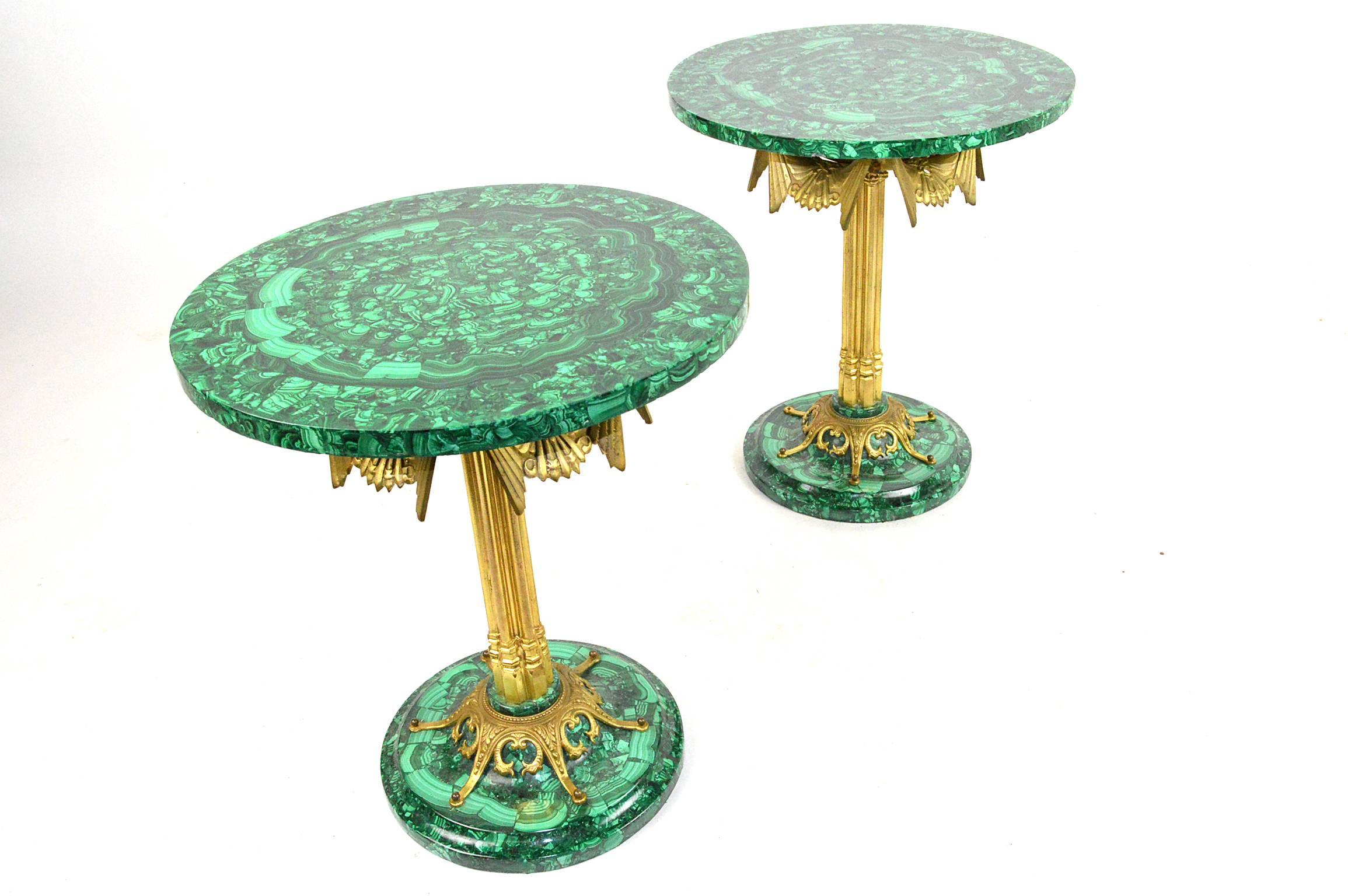 Art Deco Pair of Deco Style Gilt Bronze and Malachite Side Tables For Sale