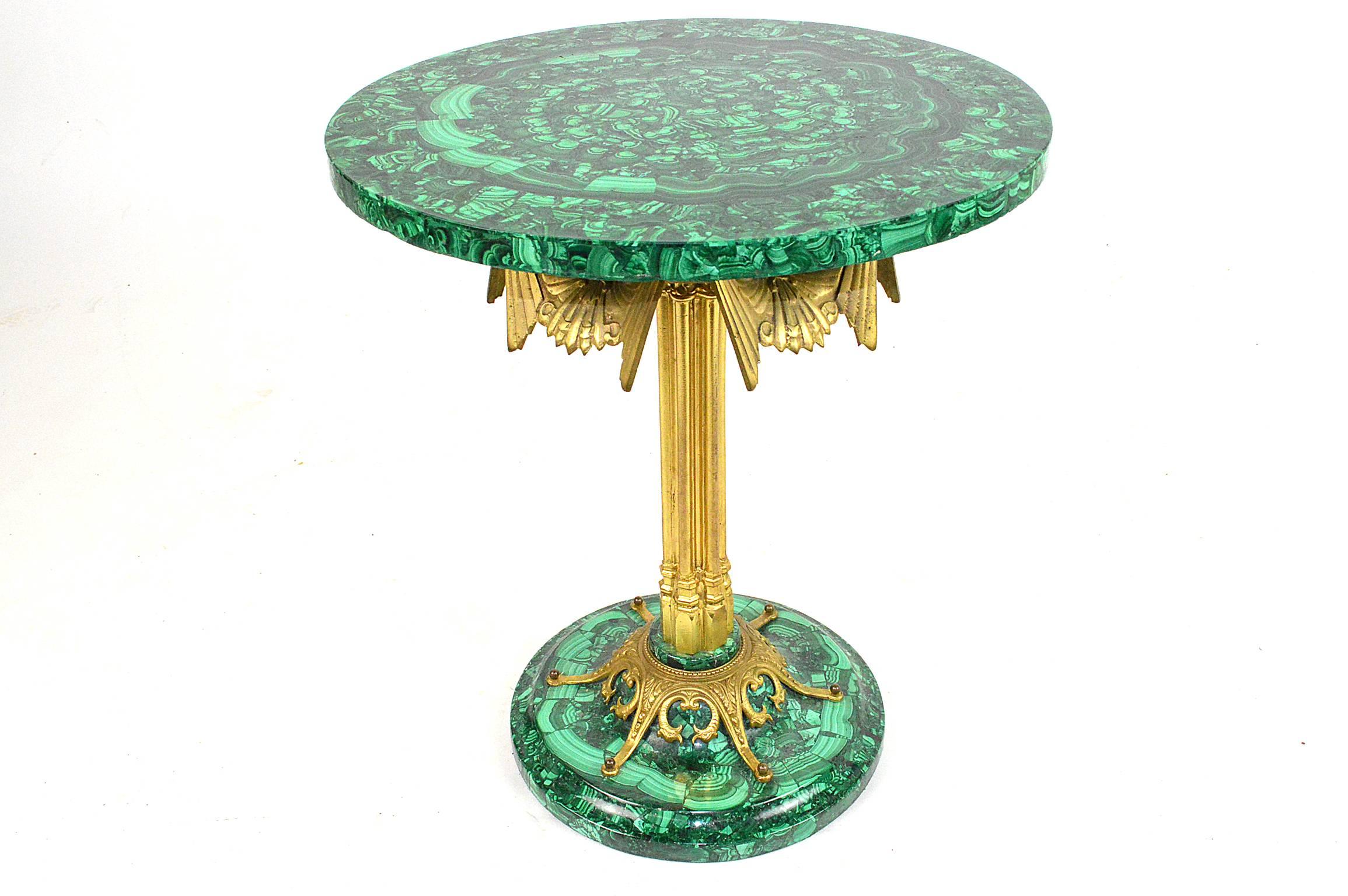 Stunning pair of deco style gilt bronze and malachite side tables.