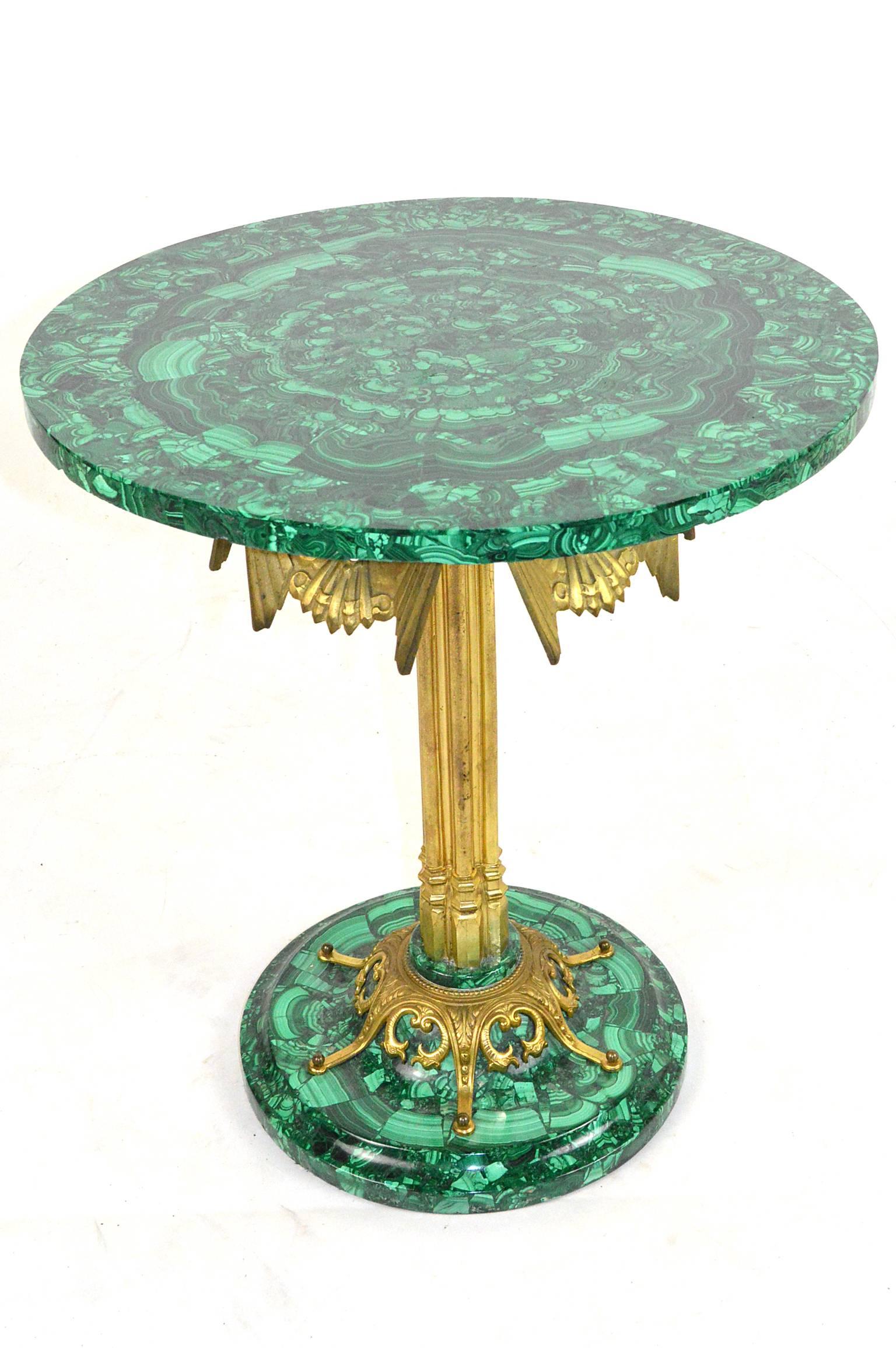 Pair of Deco Style Gilt Bronze and Malachite Side Tables In Good Condition For Sale In Atlanta, GA