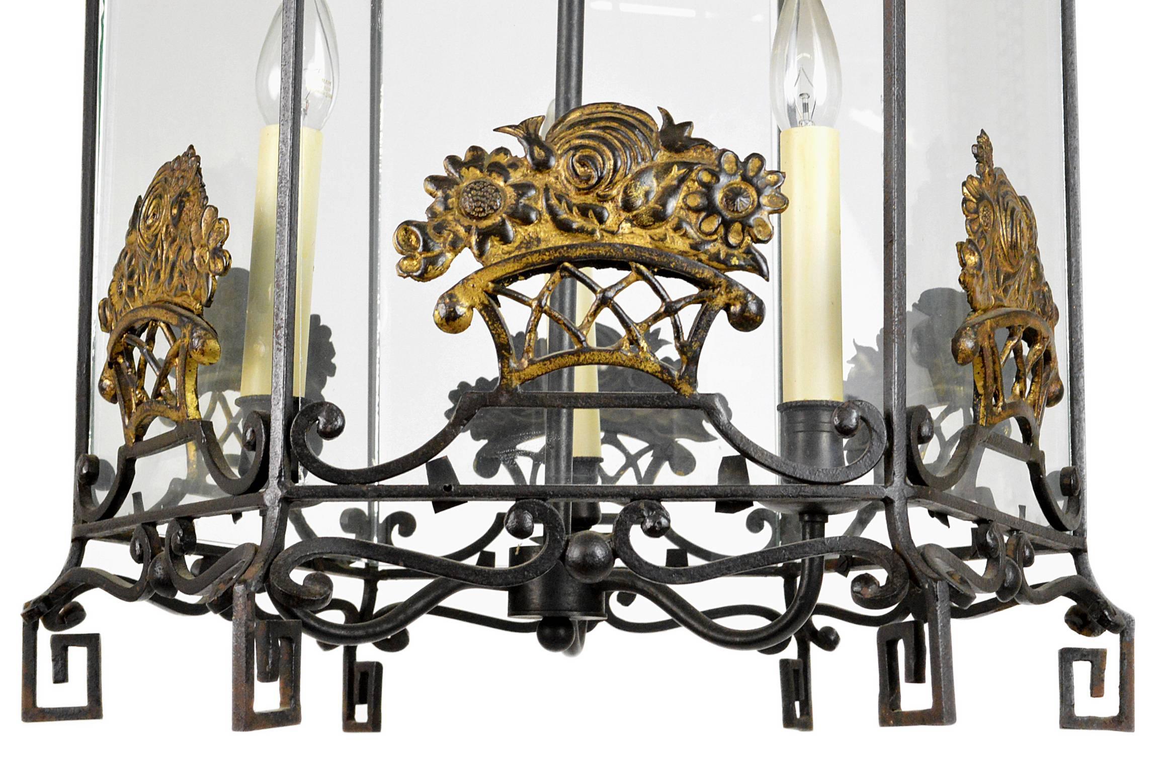 Wrought Iron and Glass Lantern In Good Condition For Sale In Atlanta, GA