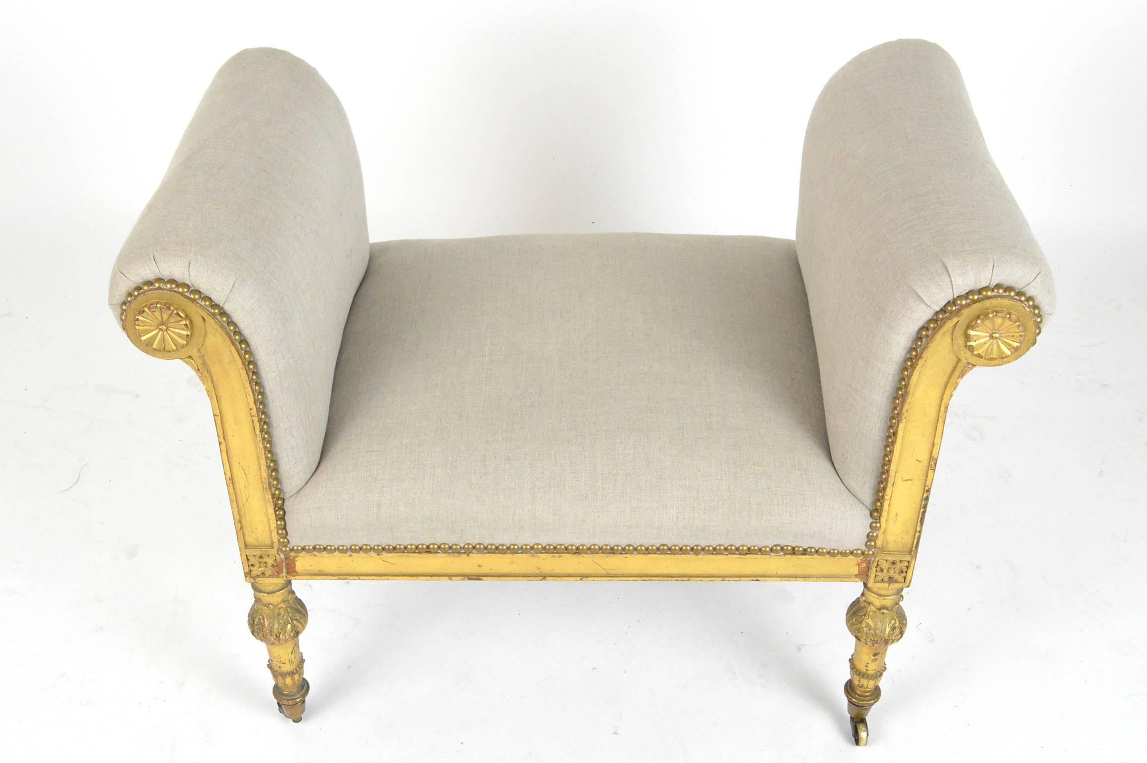 Linen French Giltwood Bench or Window Seat For Sale