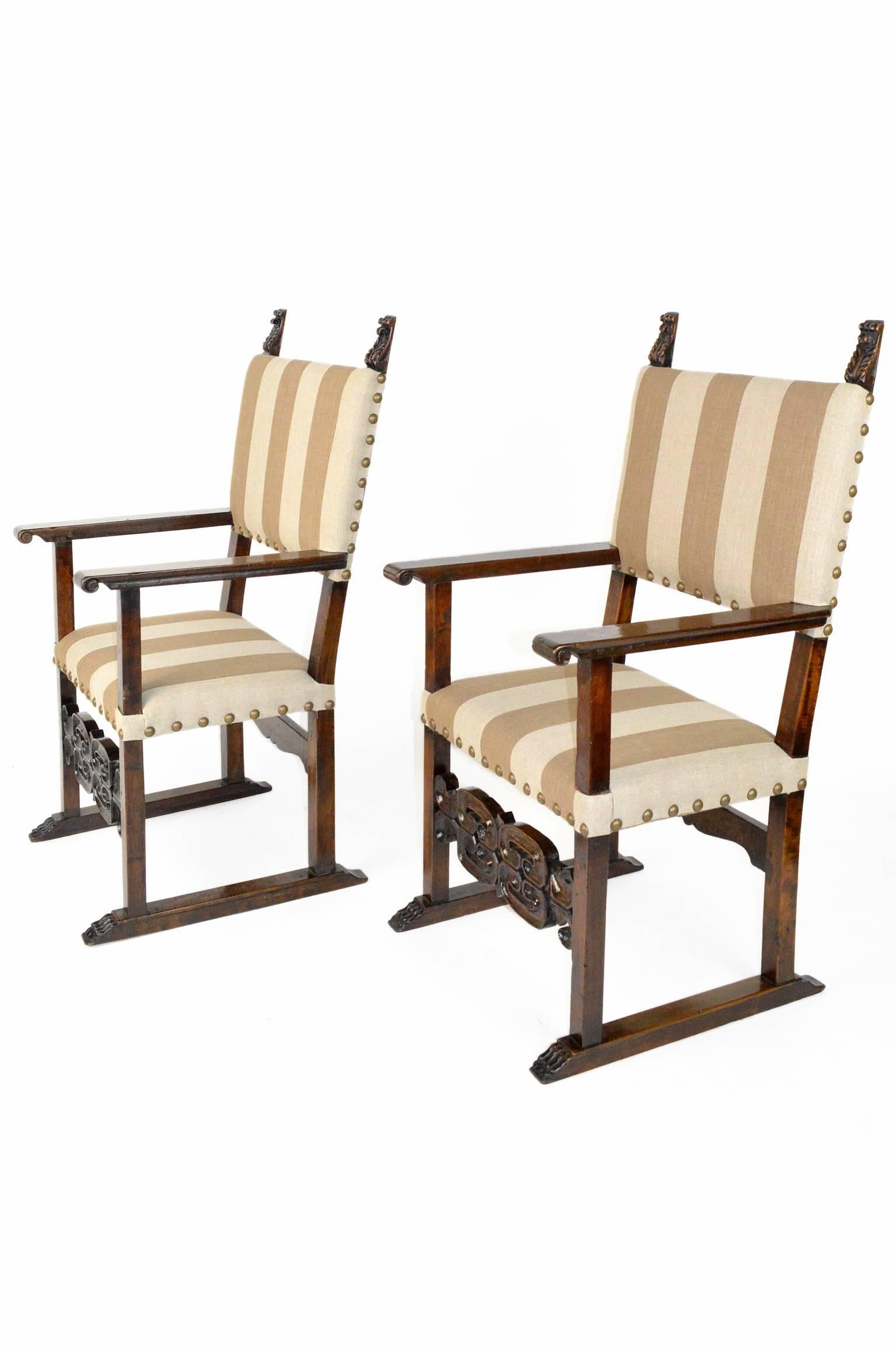 Upholstery Pair of Italian Walnut Throne Chairs For Sale