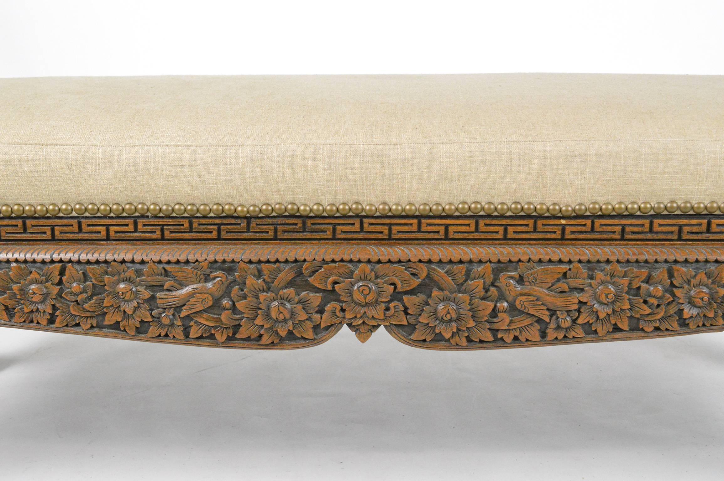 Linen Asian Carved Teak Wood Bench For Sale