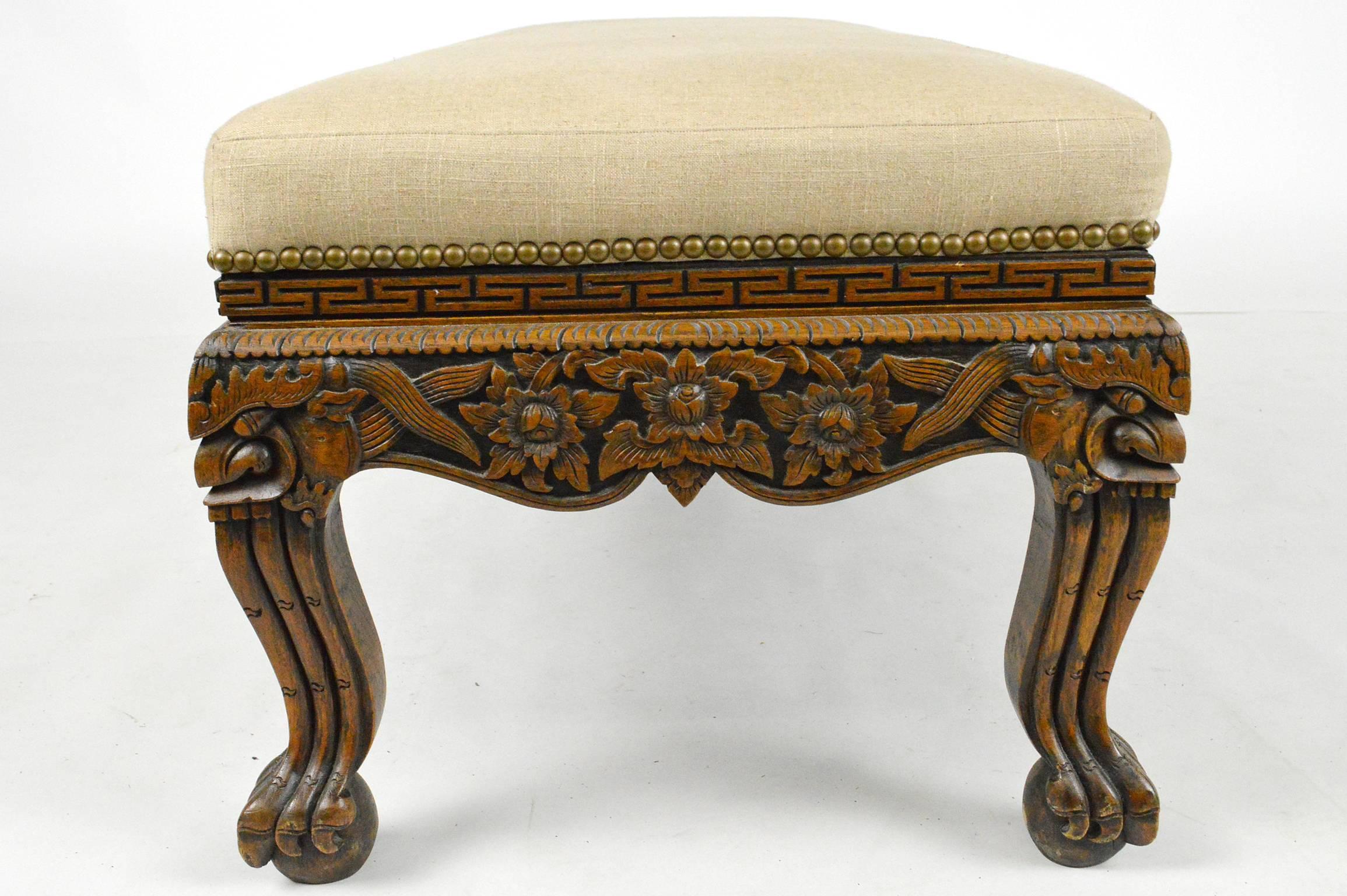 Chinese Asian Carved Teak Wood Bench For Sale