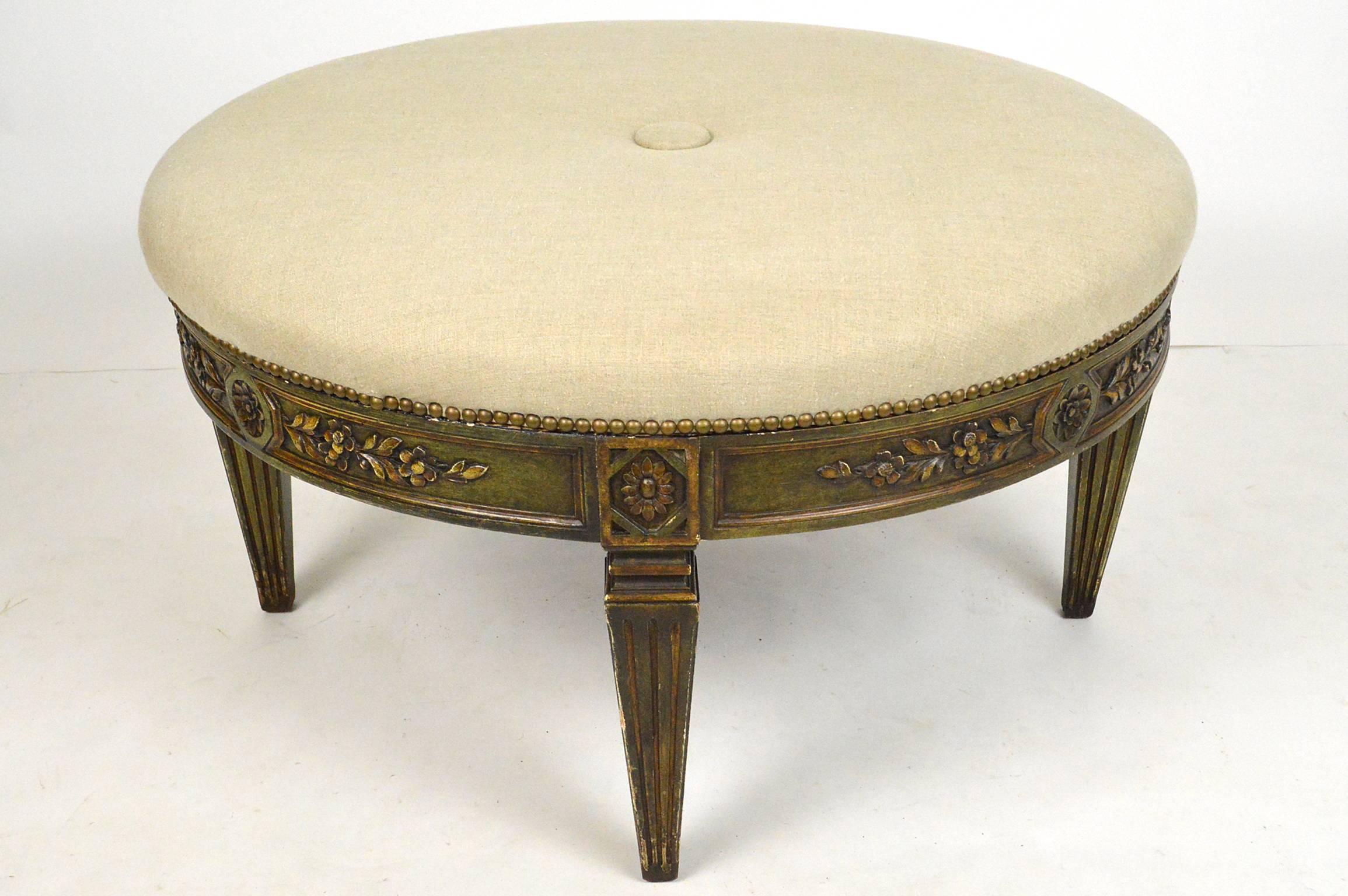 French neoclassical style carved wood and painted ottoman.