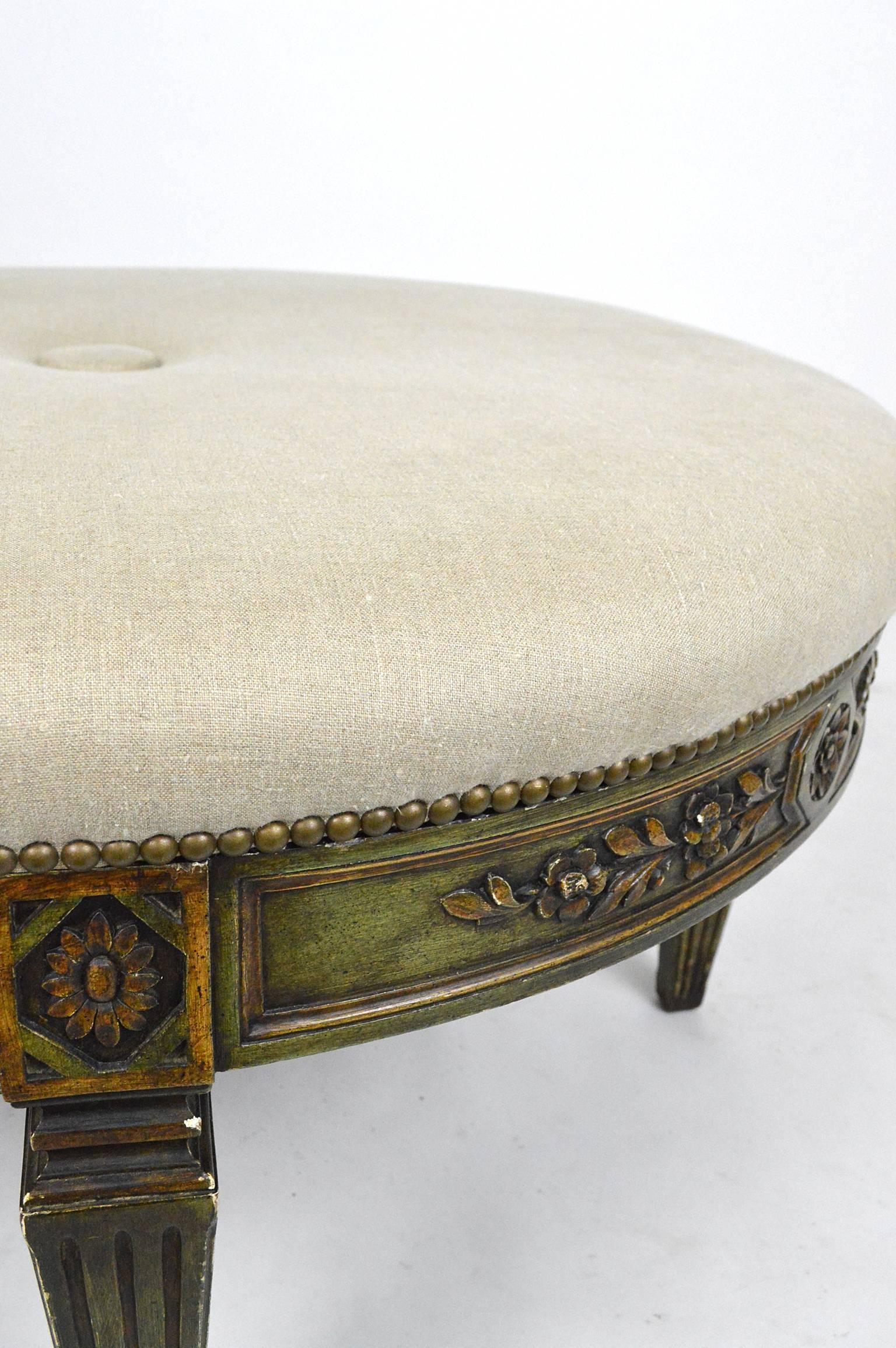 Upholstery French Neoclassical Style Carved Wood and Painted Ottoman For Sale