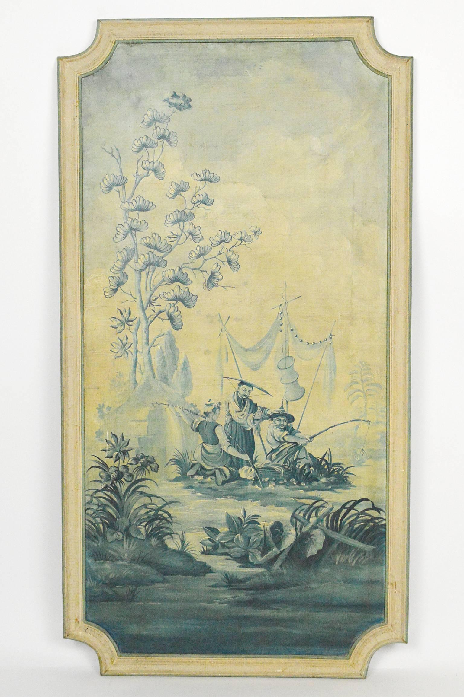 20th Century French Louis XVI Style Chinoiserie Decorated Oil on Canvas Paintings For Sale