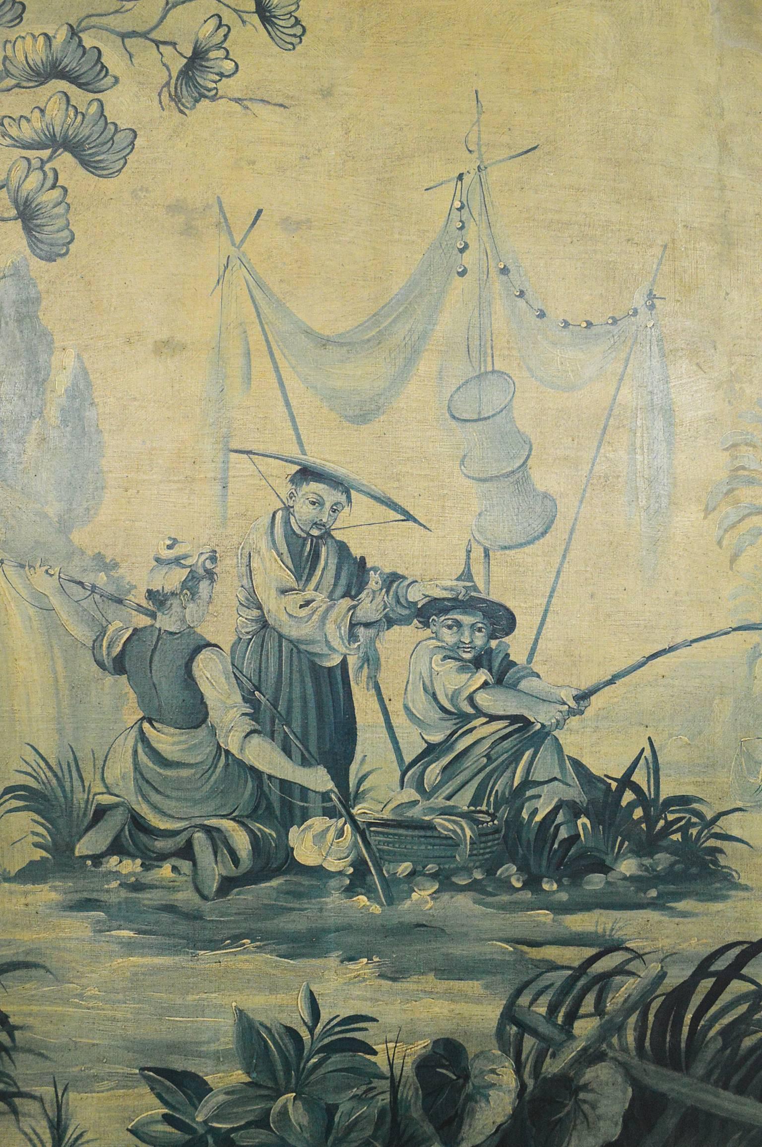 French Louis XVI Style Chinoiserie Decorated Oil on Canvas Paintings For Sale 2