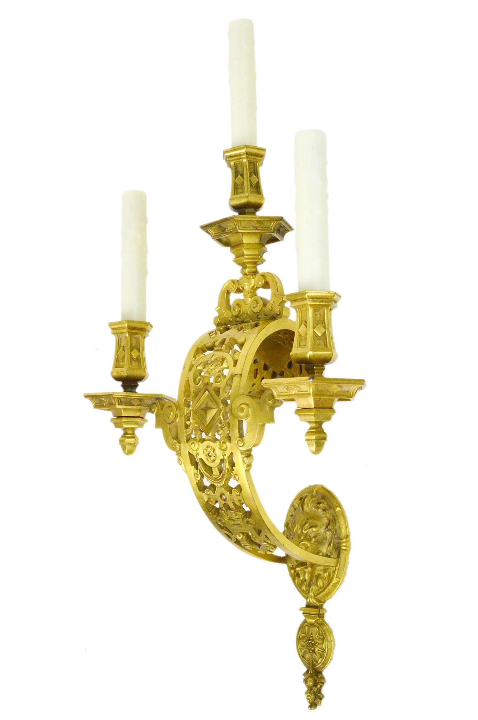 American Pair of Monumental Caldwell Three Light Gilt Bronze Sconces For Sale