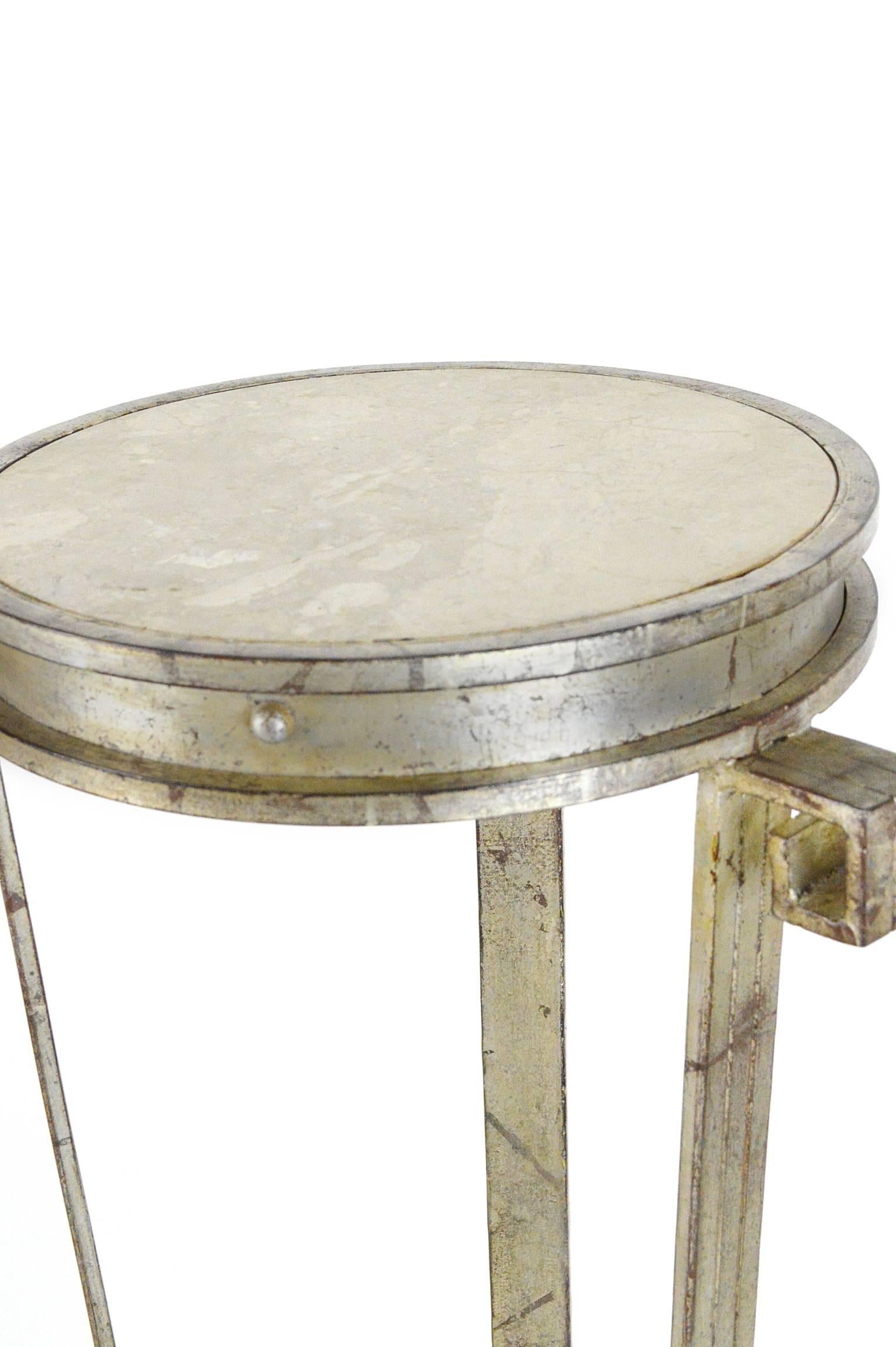 Fantastic Pair of Art Deco Style Silver Leafed Marble-Top Iron Pedestals For Sale 1