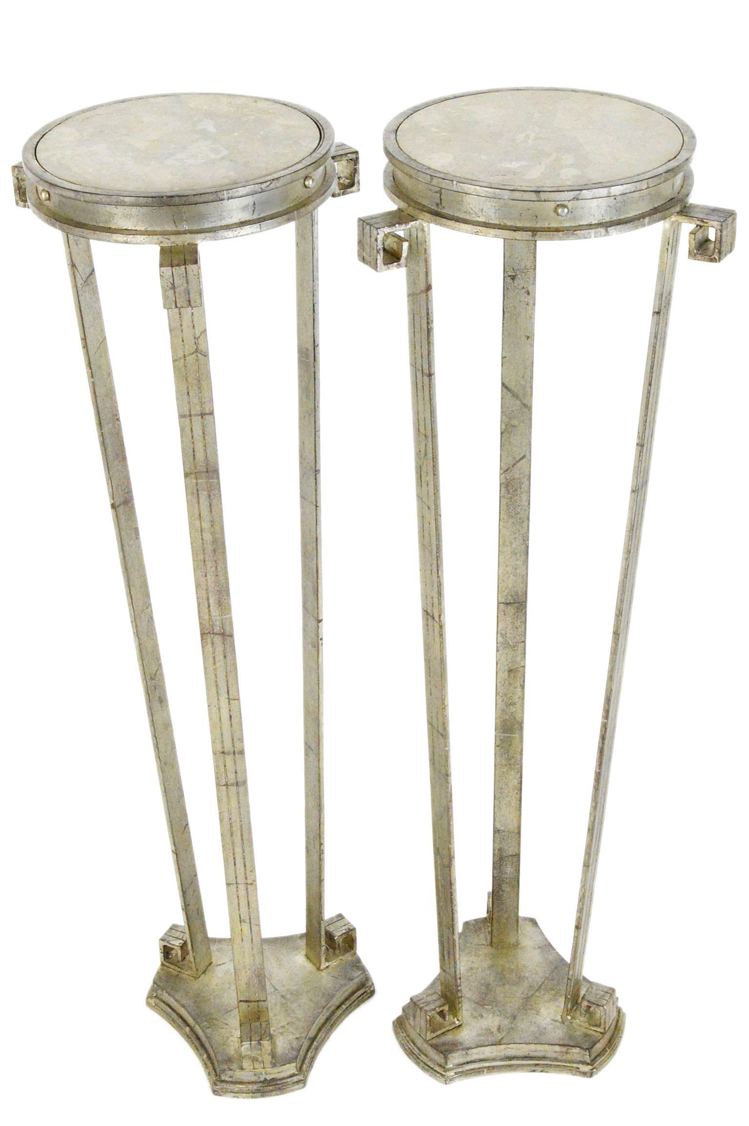 Fantastic Pair of Art Deco Style Silver Leafed Marble-Top Iron Pedestals For Sale 2