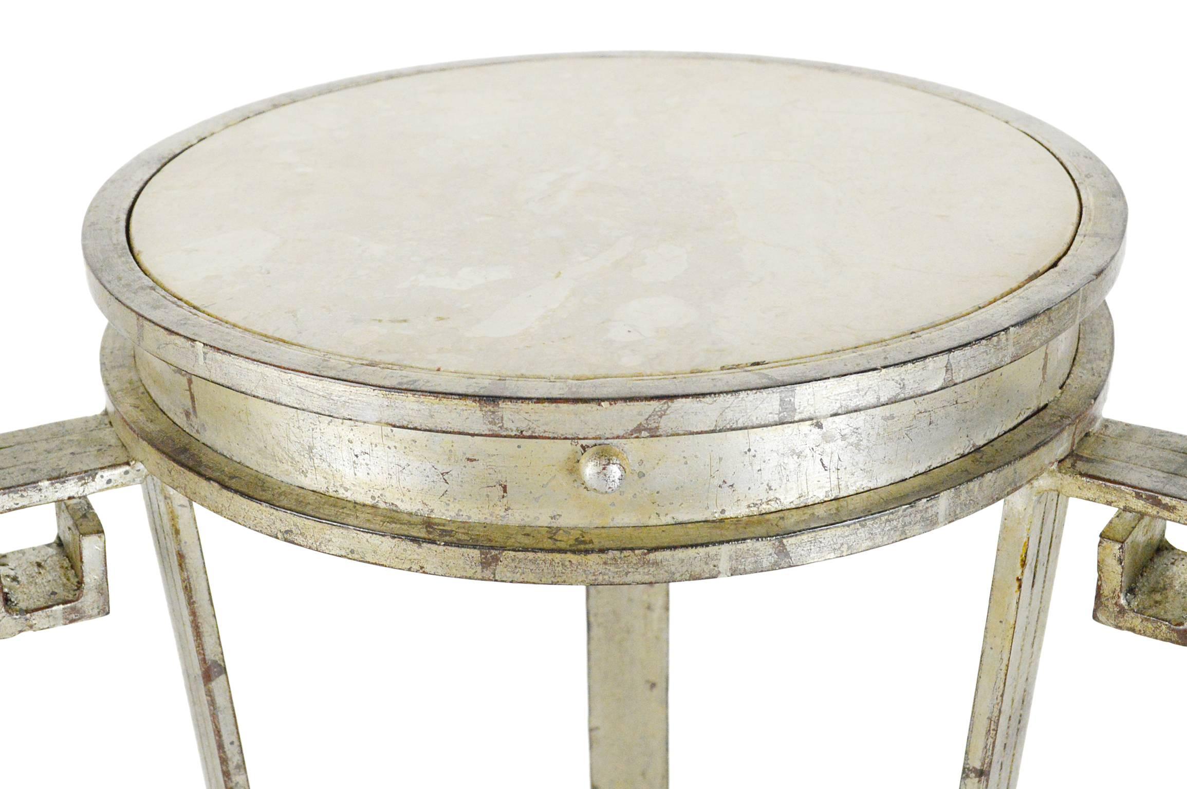 Fantastic Pair of Art Deco Style Silver Leafed Marble-Top Iron Pedestals For Sale 4