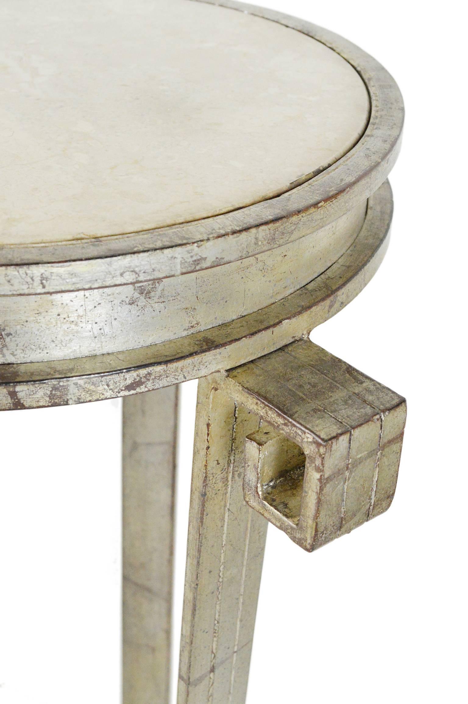 Fantastic Pair of Art Deco Style Silver Leafed Marble-Top Iron Pedestals For Sale 3