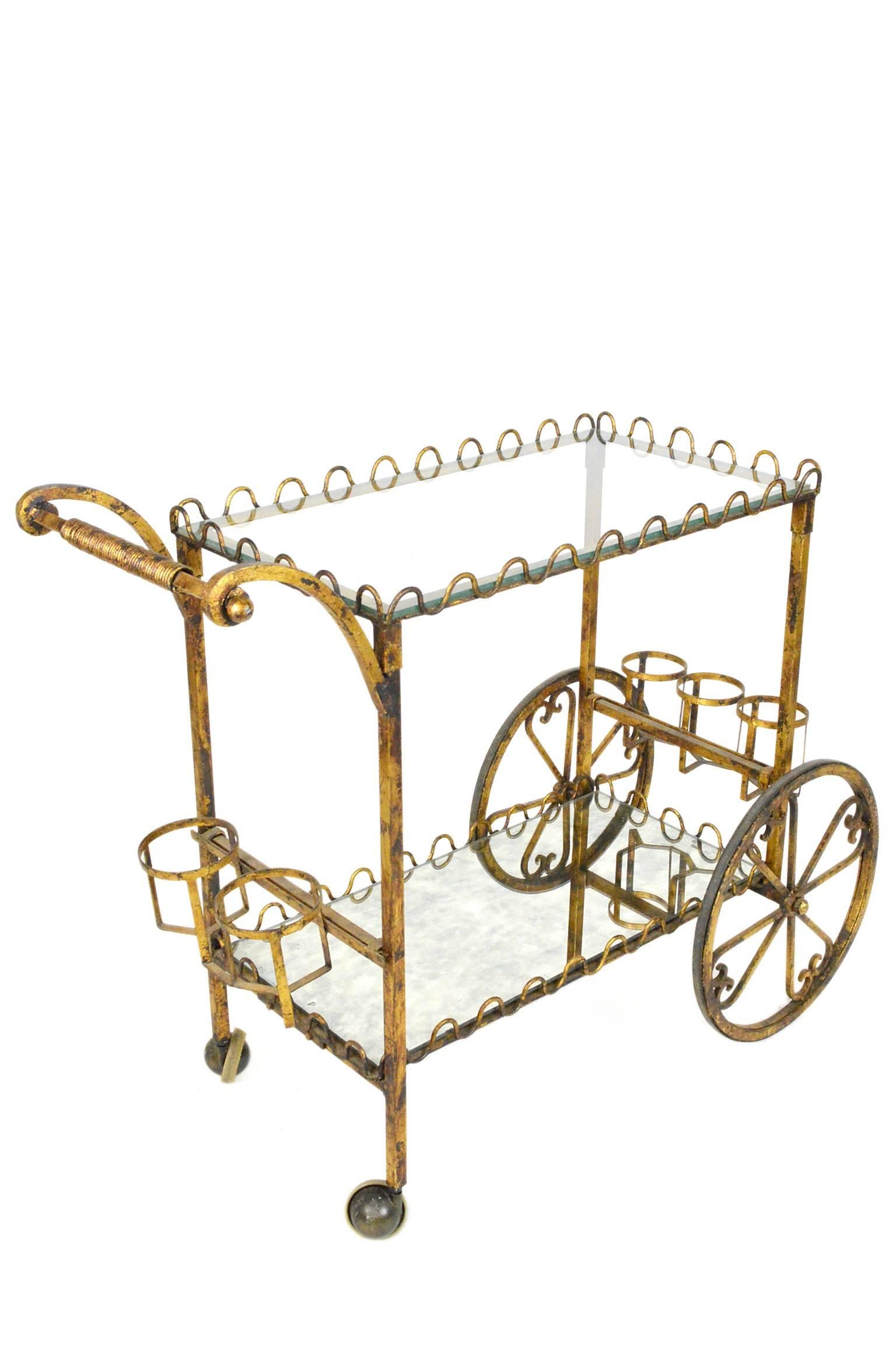 Glass Mid-Century Gilt Iron Bar Cart or Tea Cart For Sale