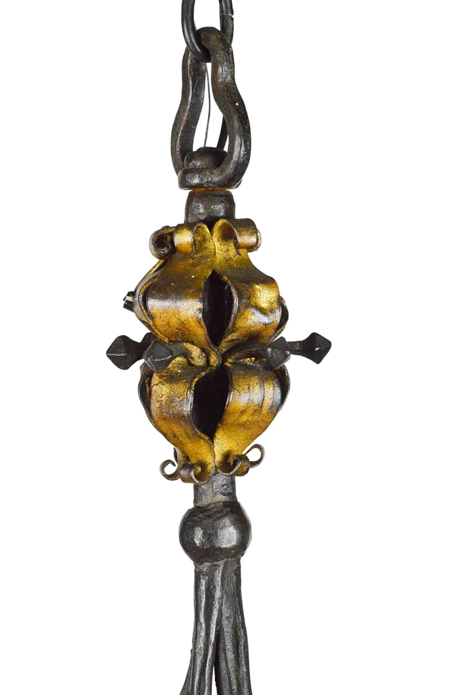 19th Century French Renaissance Style Wrought Iron and Gilt Six-Light Chandelier For Sale