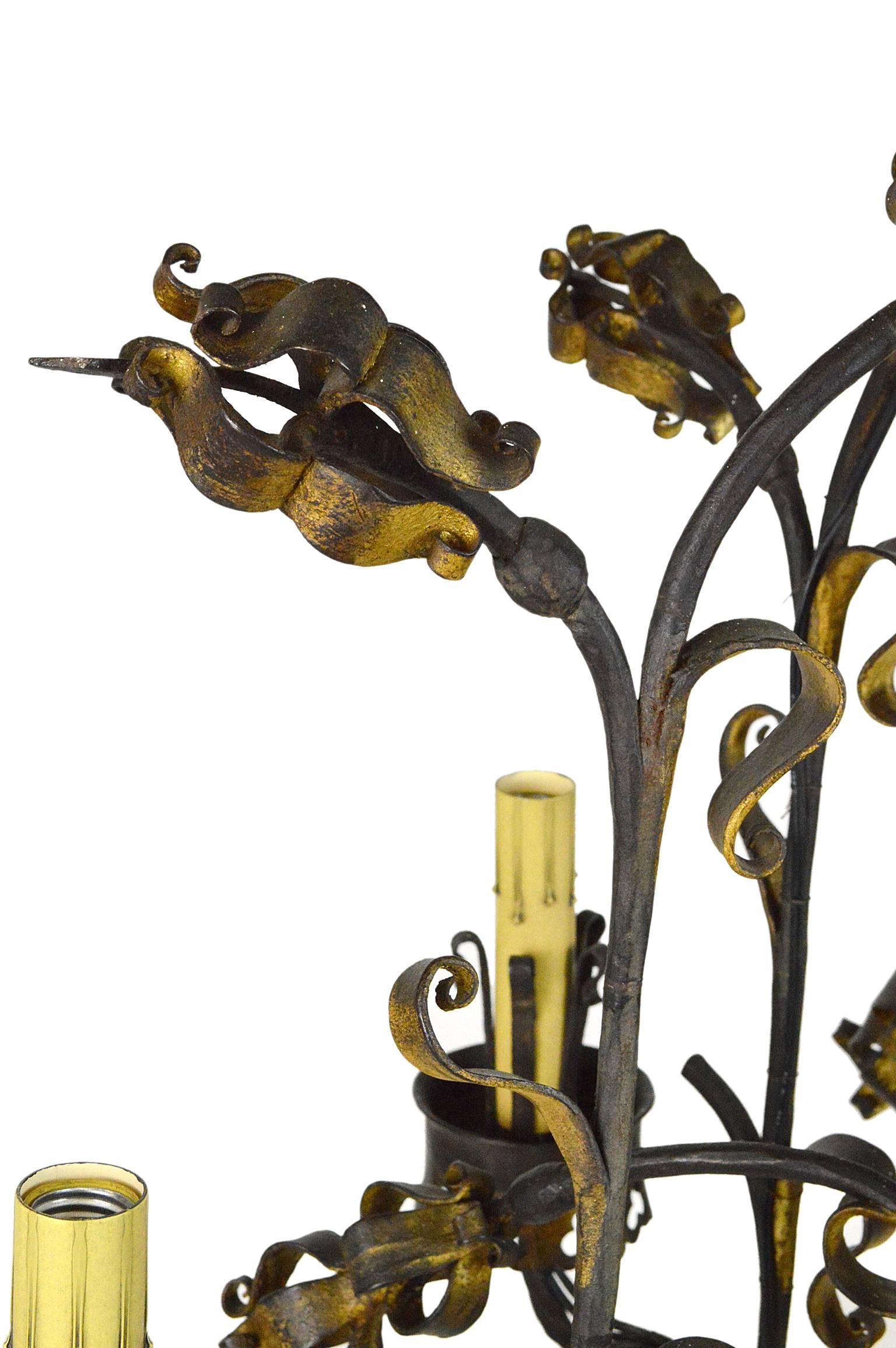 French Renaissance Style Wrought Iron and Gilt Six-Light Chandelier For Sale 1