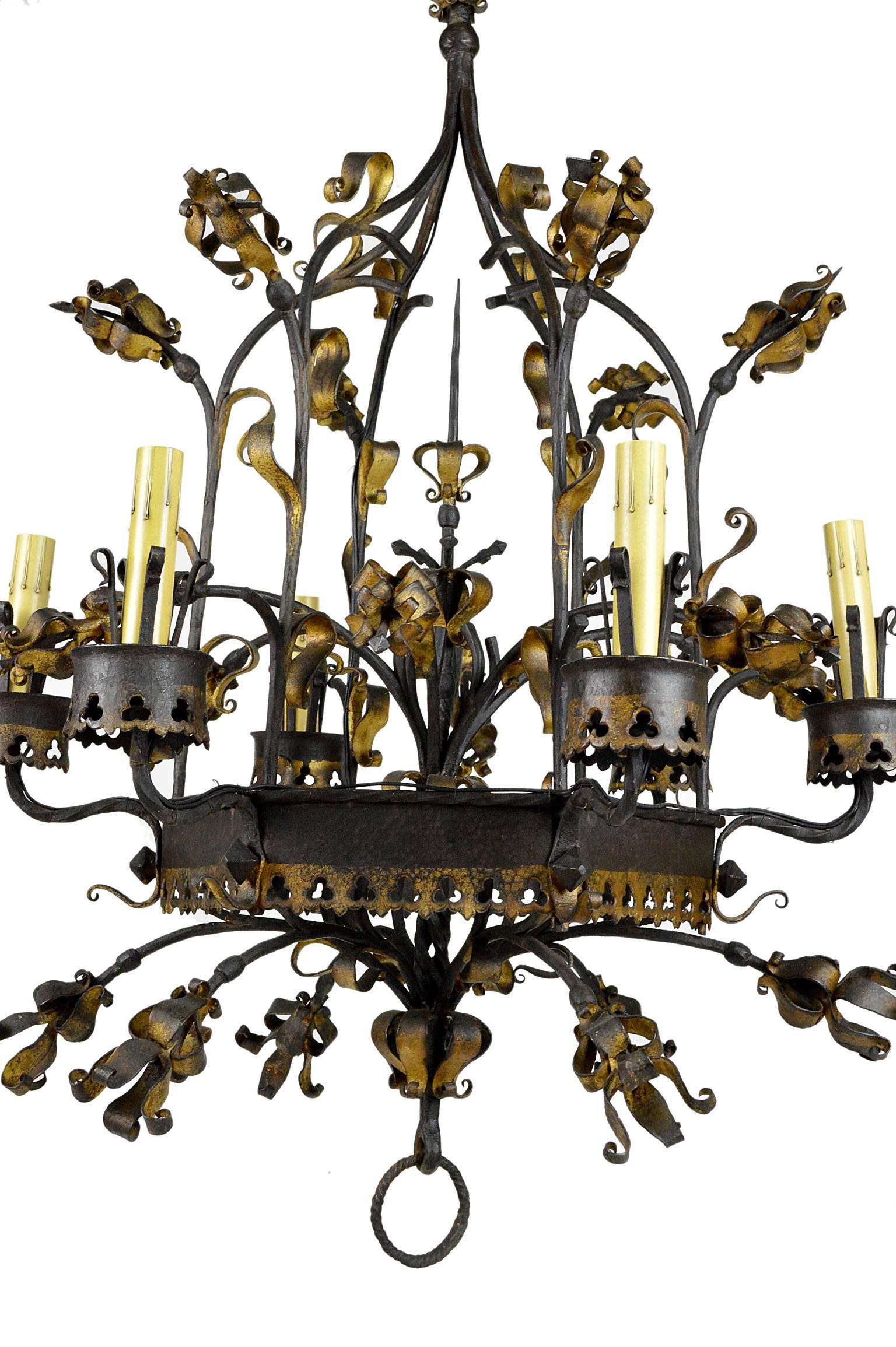French Renaissance Style Wrought Iron and Gilt Six-Light Chandelier For Sale 2