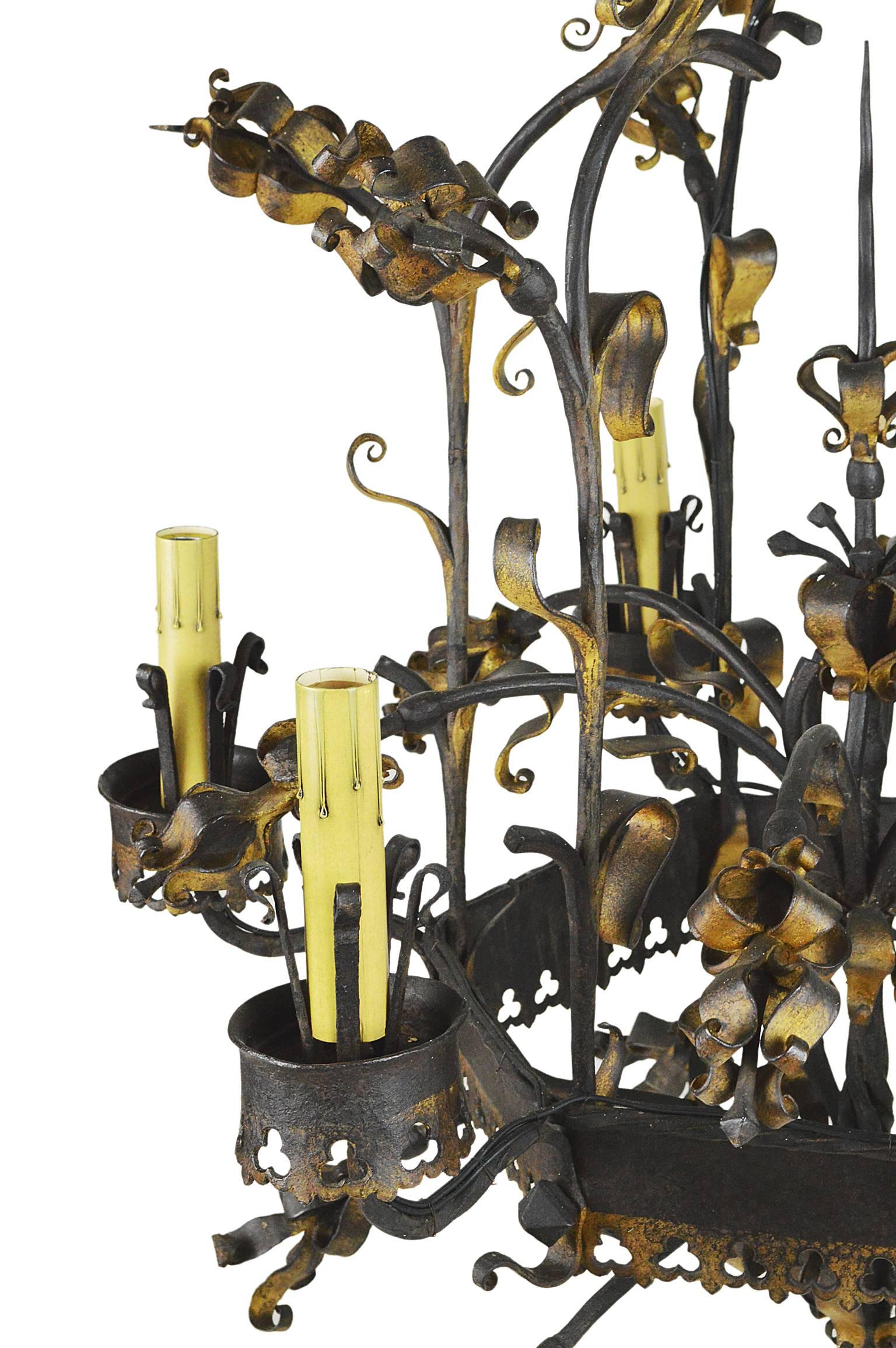 French Renaissance Style Wrought Iron and Gilt Six-Light Chandelier For Sale 4