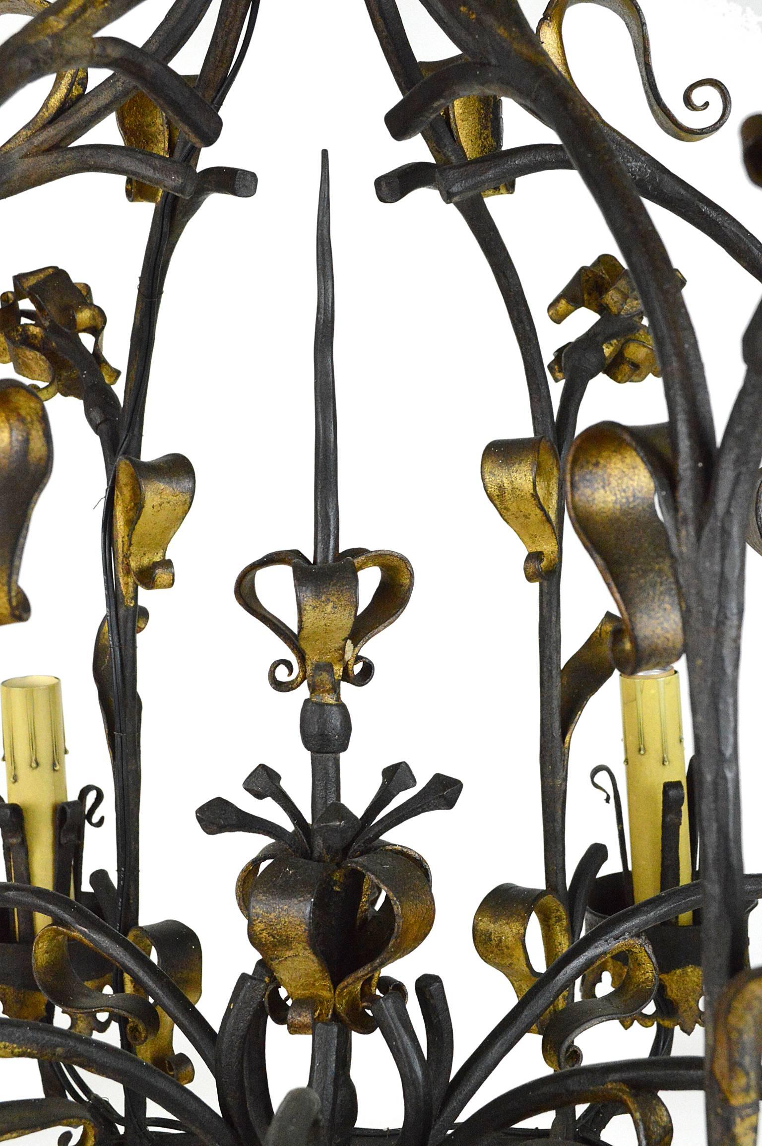 French Renaissance Style Wrought Iron and Gilt Six-Light Chandelier For Sale 5