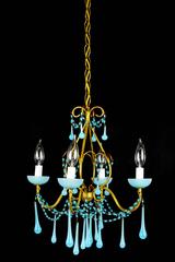 Pair of Mid-Century Gilt Iron and Blue Opaline Glass Four-Light Chandeliers