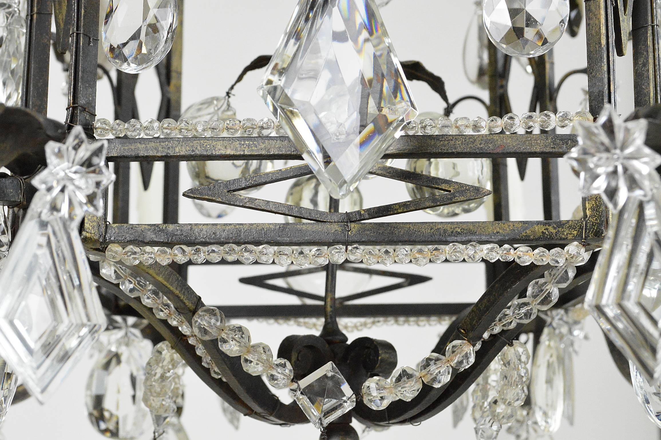 20th Century Fine French Iron and Crystal Eight-Light Cage Form Chandelier For Sale