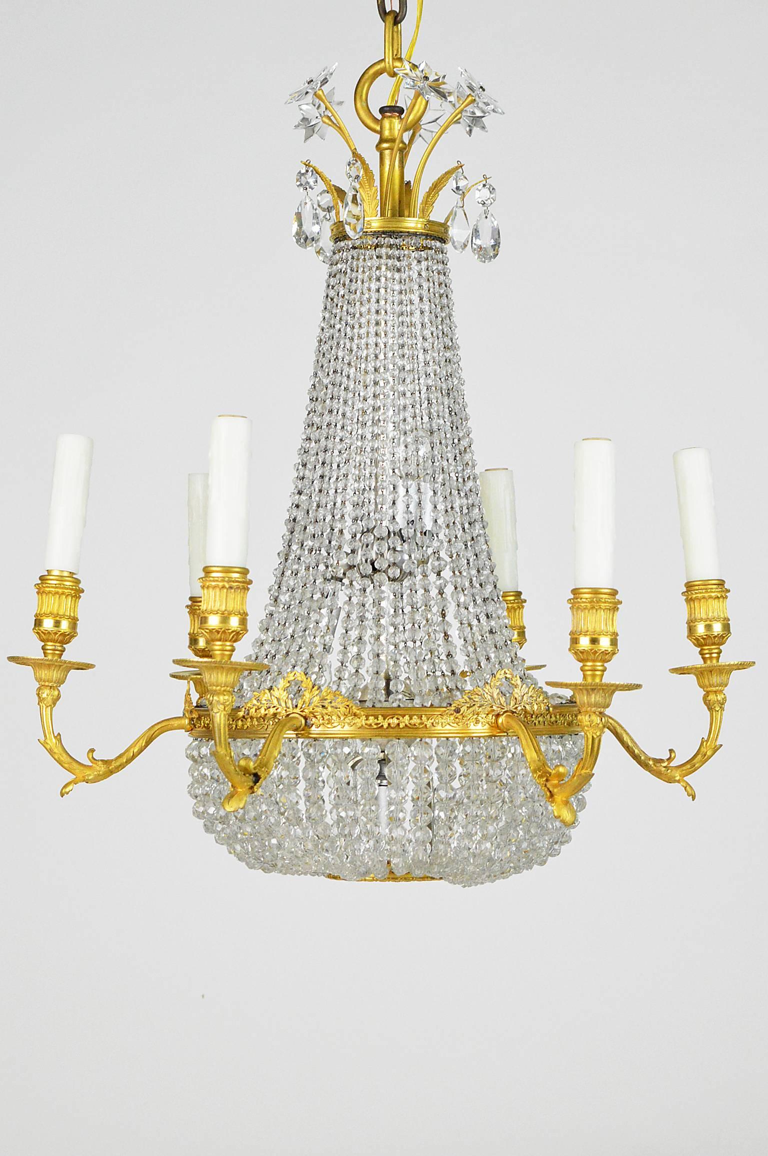 French Empire Style Gilt Bronze and Beaded Six-Light Chandelier For Sale 5
