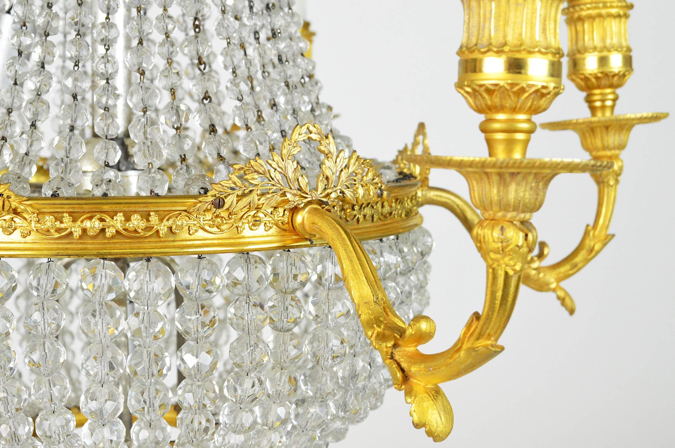 French Empire Style Gilt Bronze and Beaded Six-Light Chandelier In Good Condition For Sale In Atlanta, GA