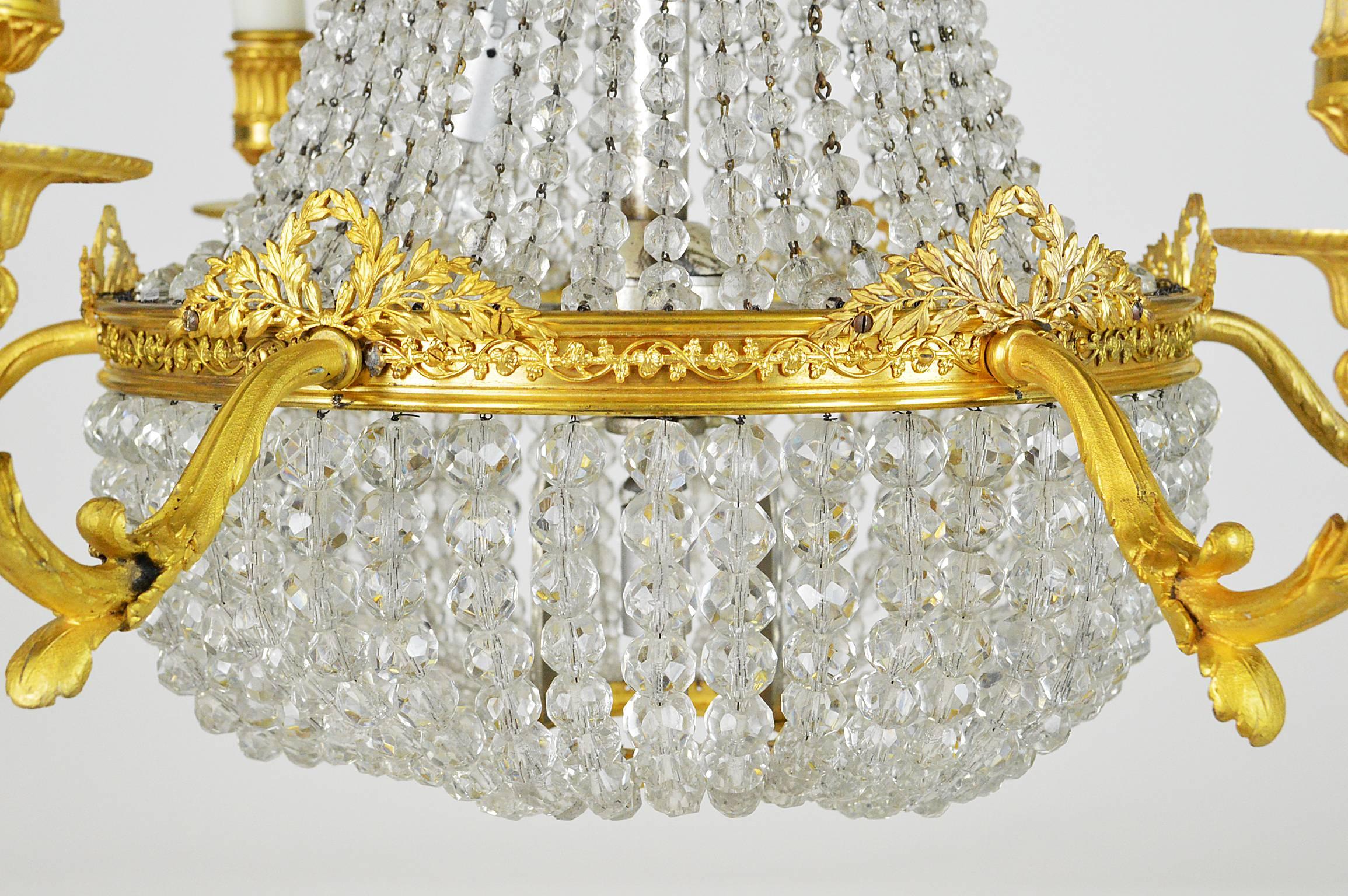 French Empire Style Gilt Bronze and Beaded Six-Light Chandelier For Sale 2