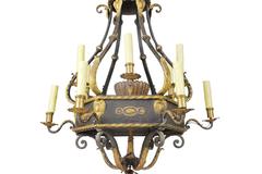 Monumental French Iron Parcel-Gilt Ten-Light Chandelier