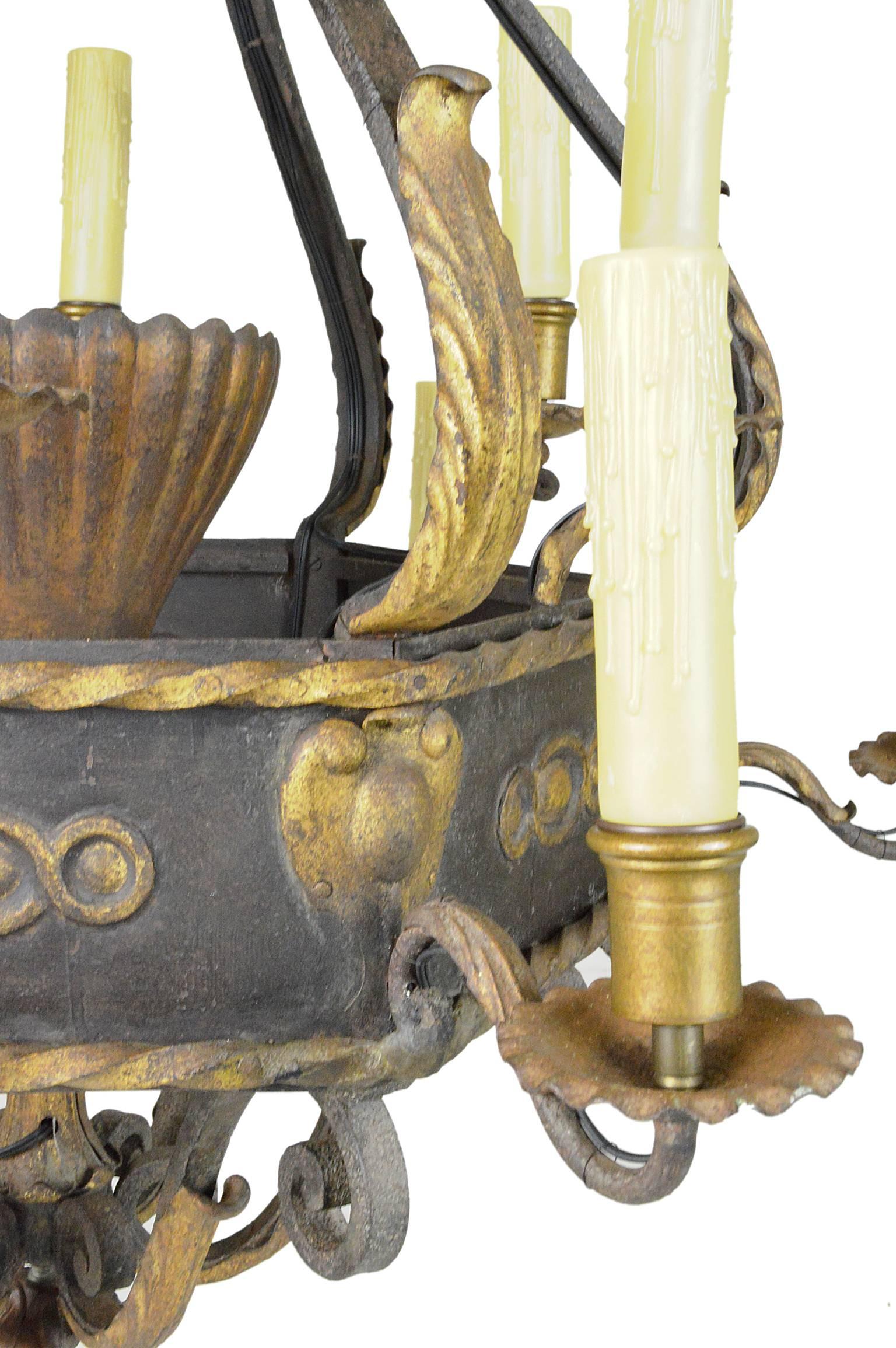 20th Century Monumental French Iron Parcel-Gilt Ten-Light Chandelier For Sale