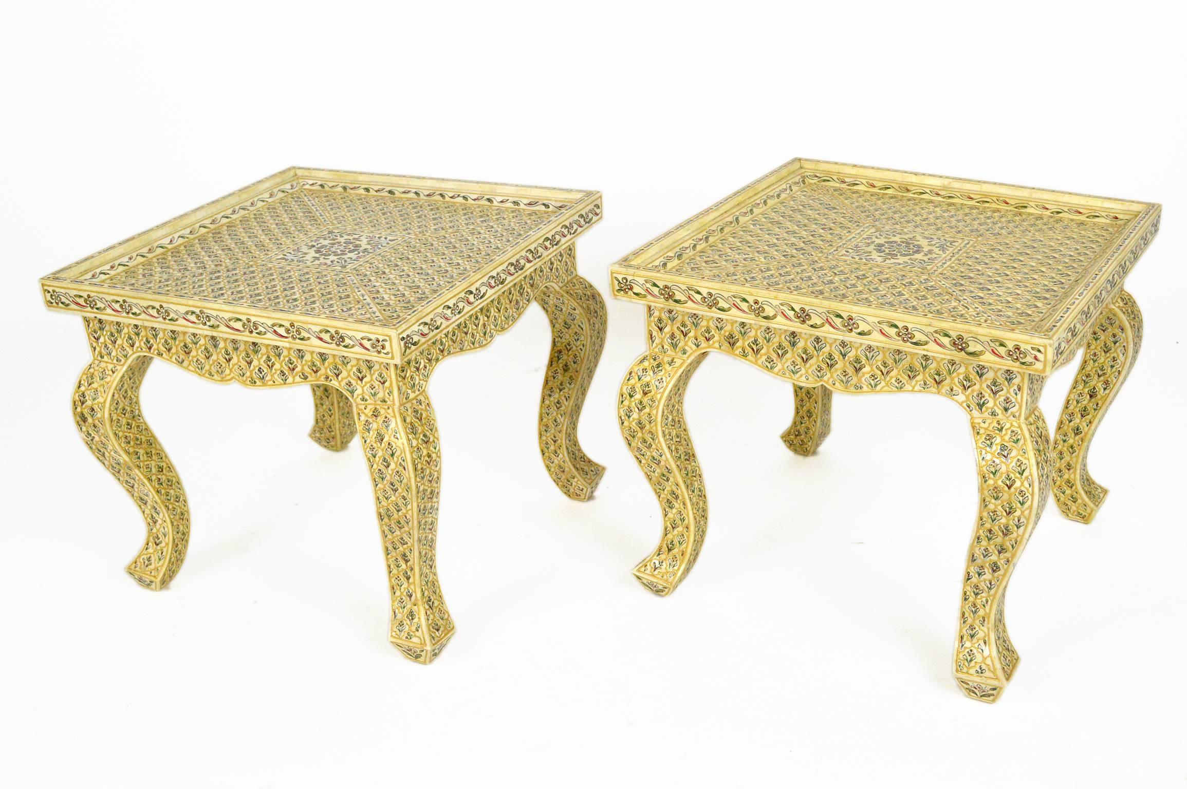 Painted Pair of Bone Inlay Moroccan Style End Tables For Sale