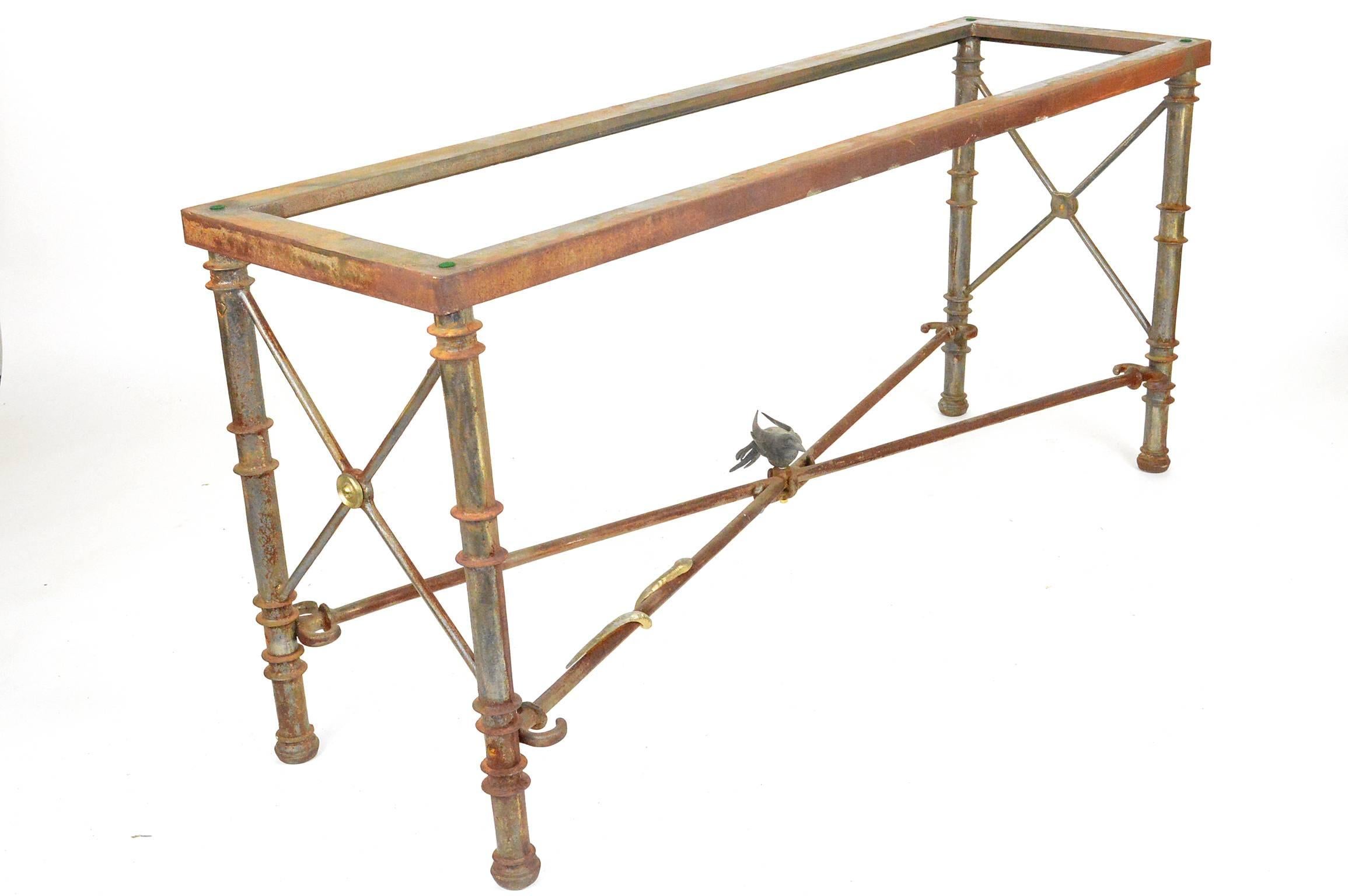 Giacometti inspired iron and brass console table.
