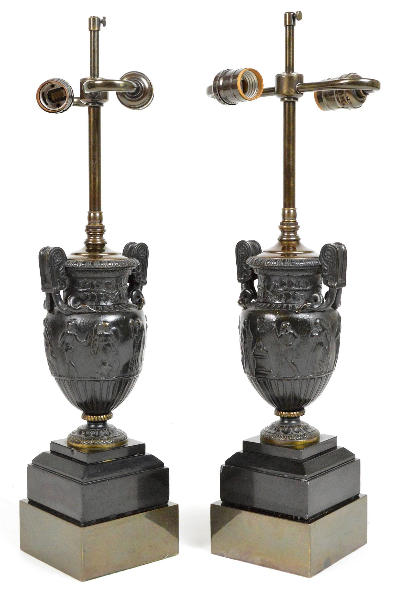Pair of Bronze Classical Urns Mounted as Lamps In Good Condition For Sale In Atlanta, GA