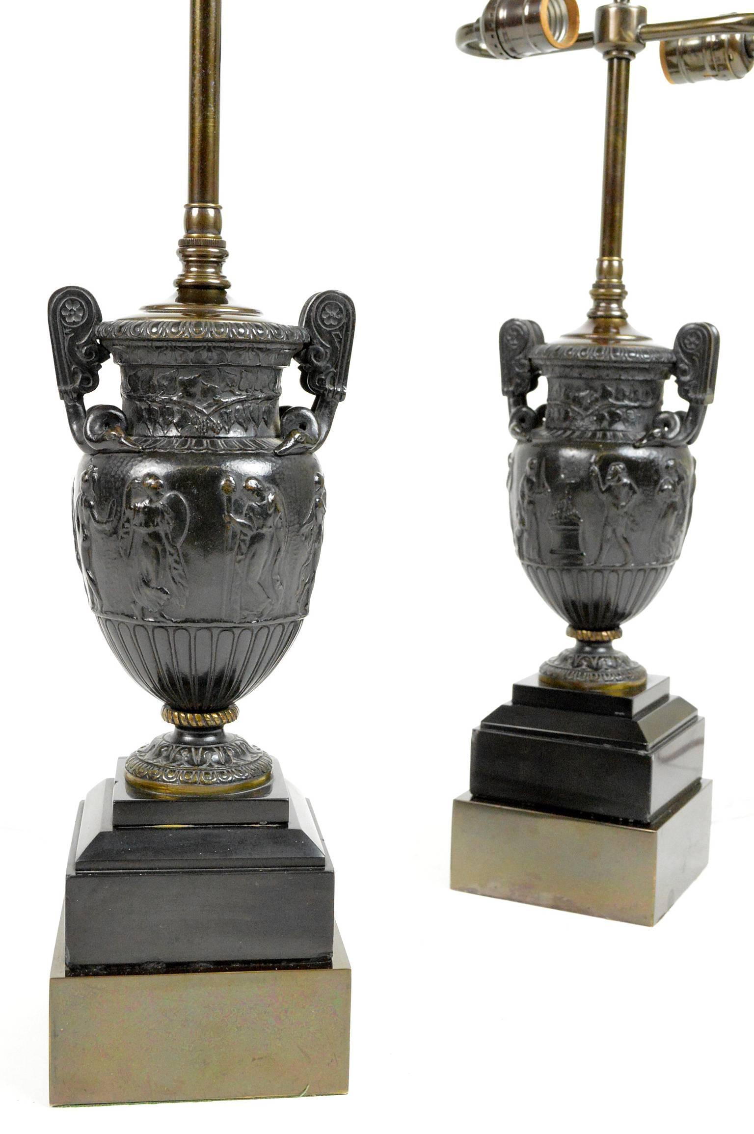 Pair of Bronze Classical Urns Mounted as Lamps For Sale 1