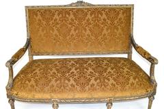 19th Century French Louis XVI Style Carved Painted Gilt Settee