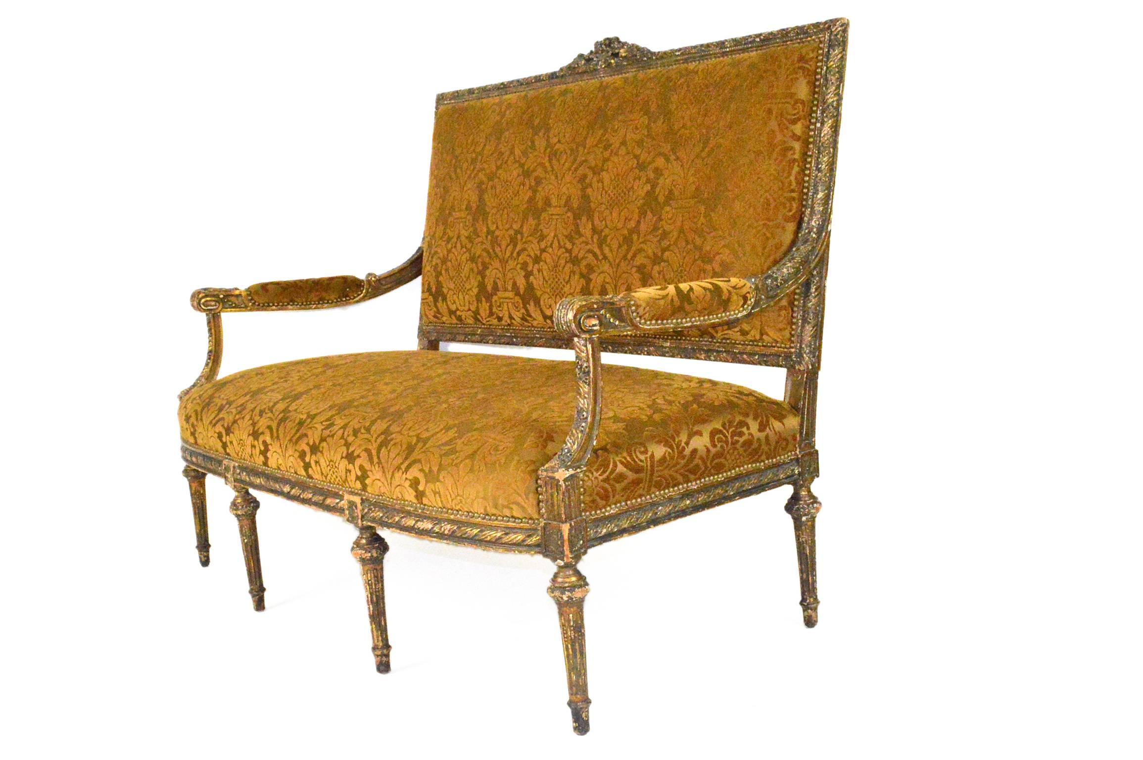 19th Century French Louis XVI Style Carved Painted Gilt Settee In Good Condition For Sale In Atlanta, GA
