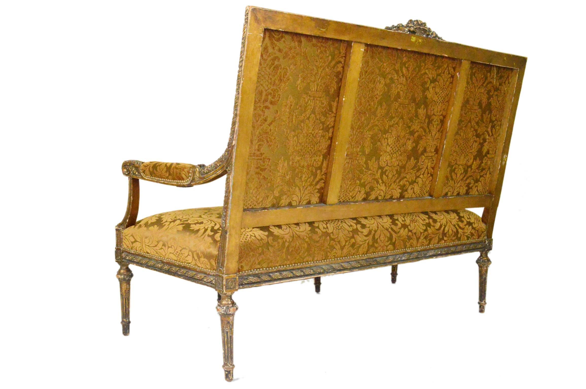 Wood 19th Century French Louis XVI Style Carved Painted Gilt Settee For Sale