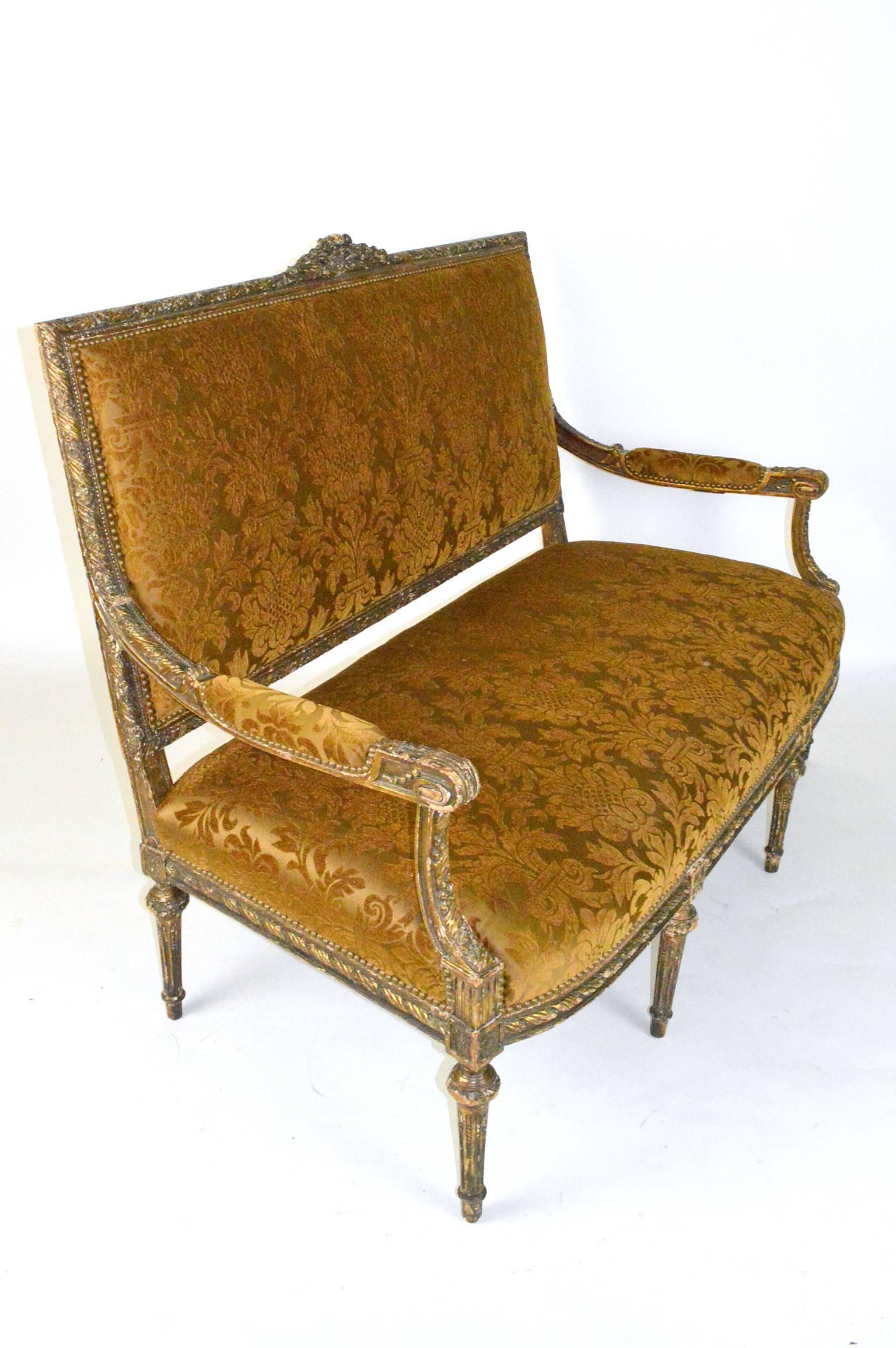 19th Century French Louis XVI Style Carved Painted Gilt Settee For Sale 3