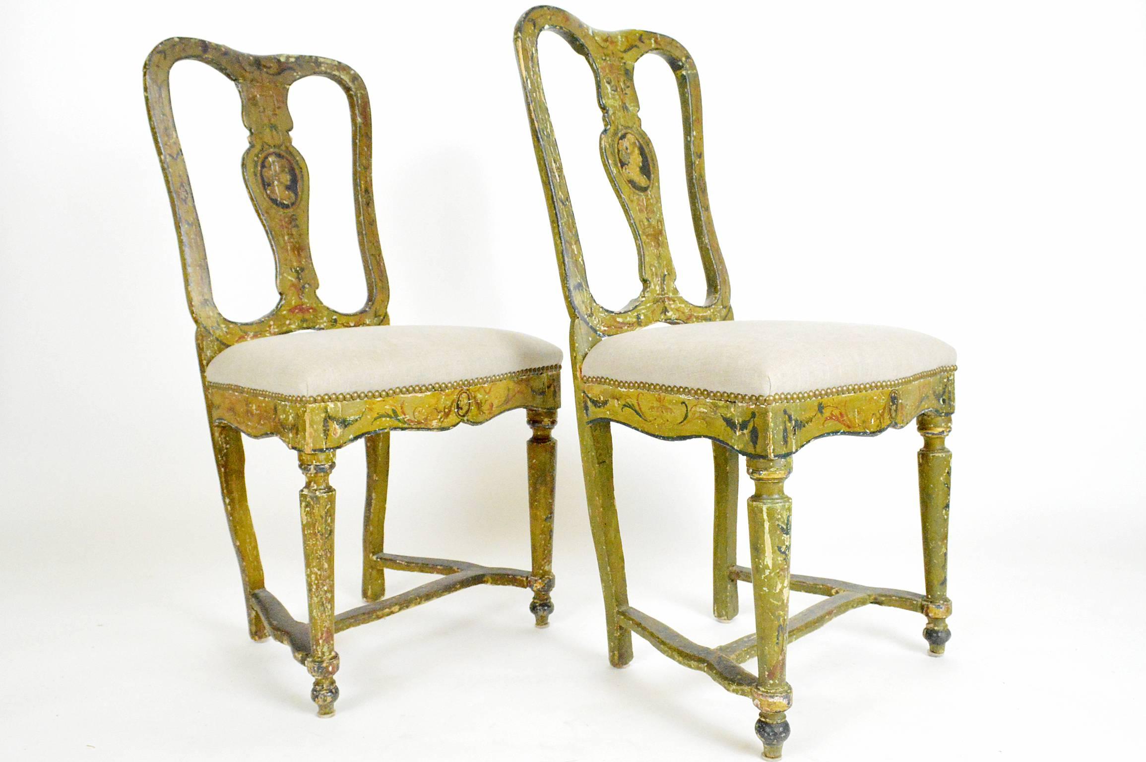 Pair of 18th century Venetian painted side chairs with original painted finish, covered in linen.