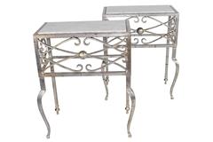 Pair of Marble-Top Deco Style Silver Leafed Steel Consoles