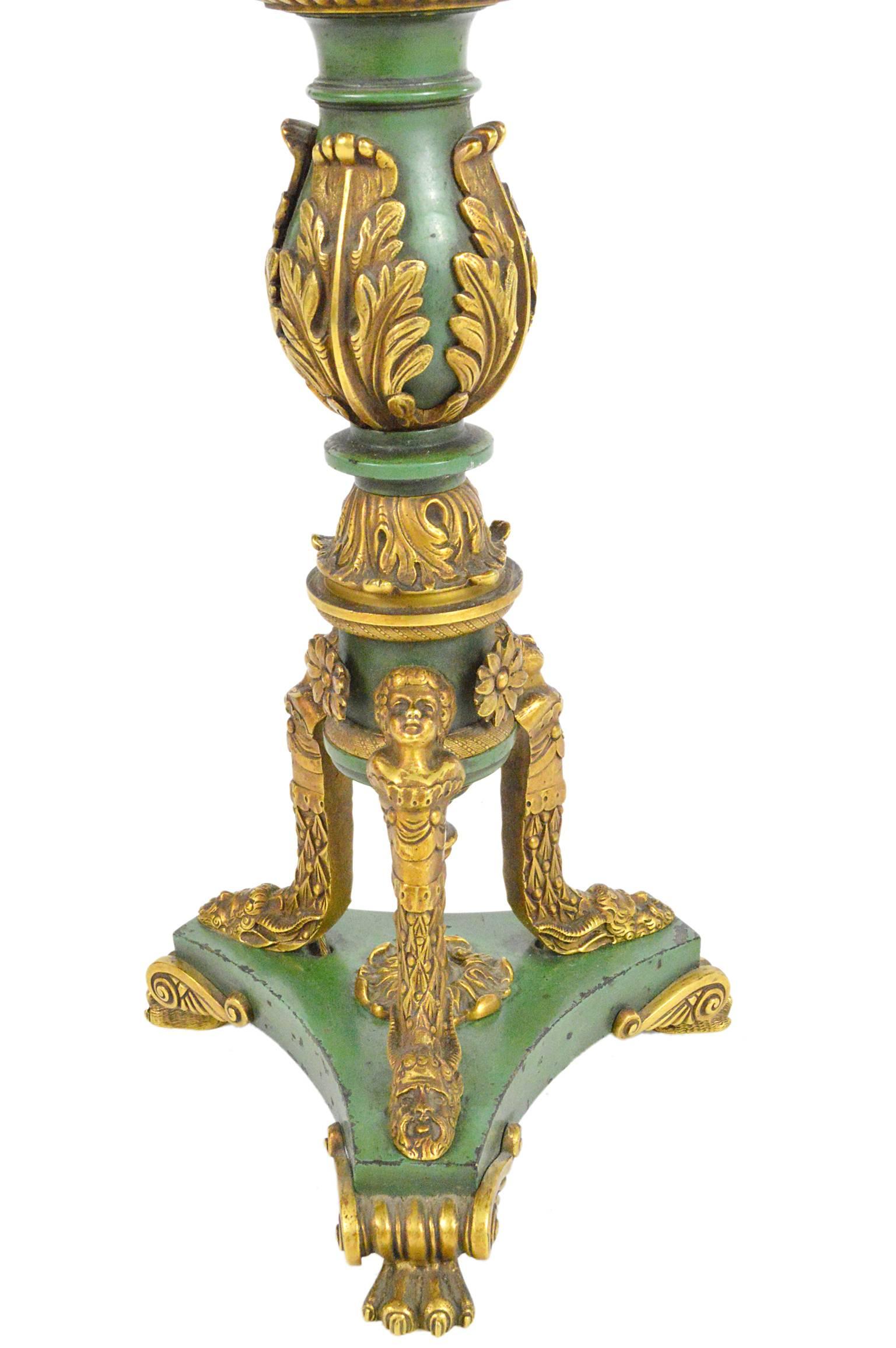 American Empire Style Gilt Bronze and Painted Table Lamp For Sale